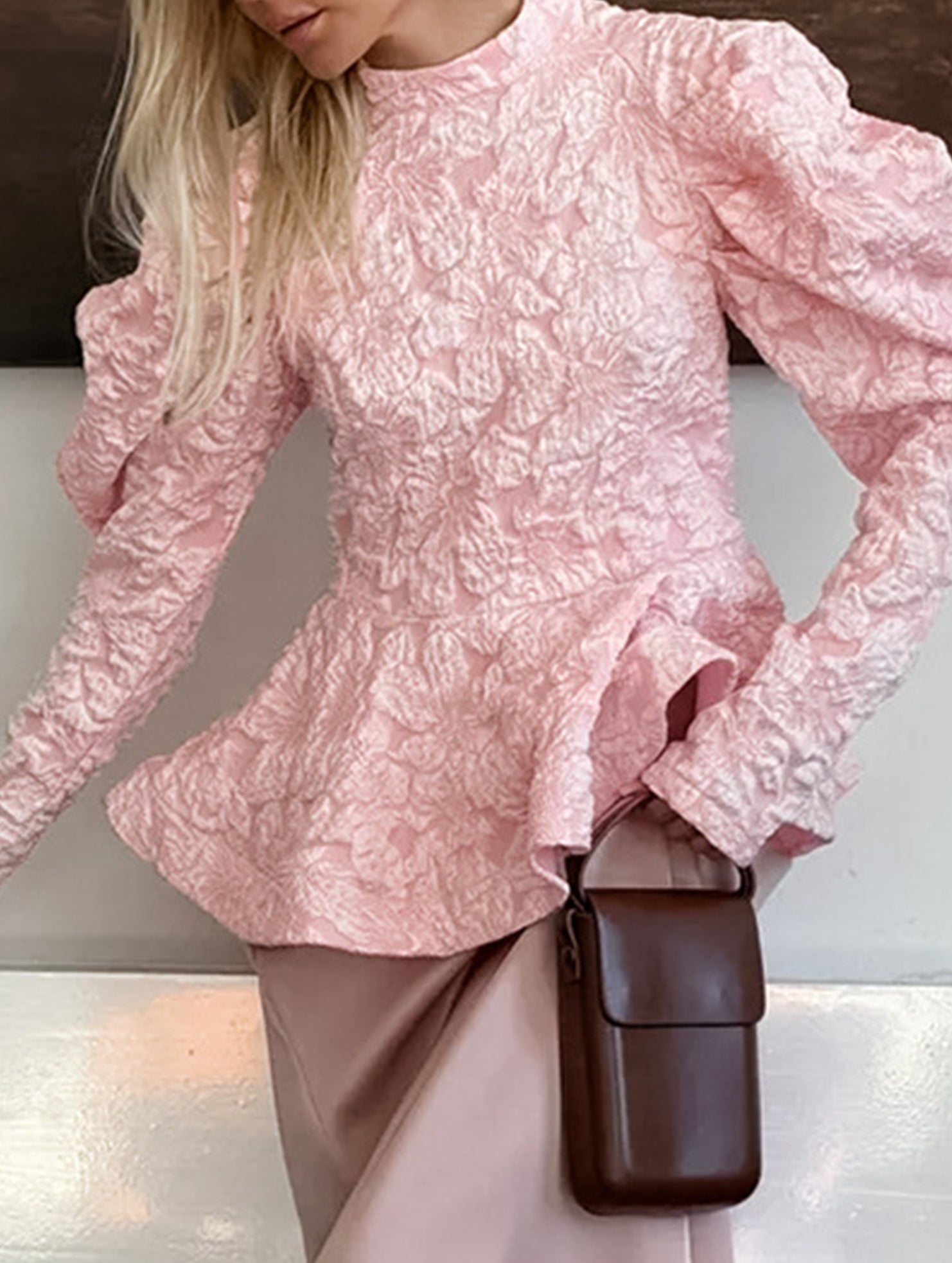 French Vintage Puff Sleeve Jacquard Top