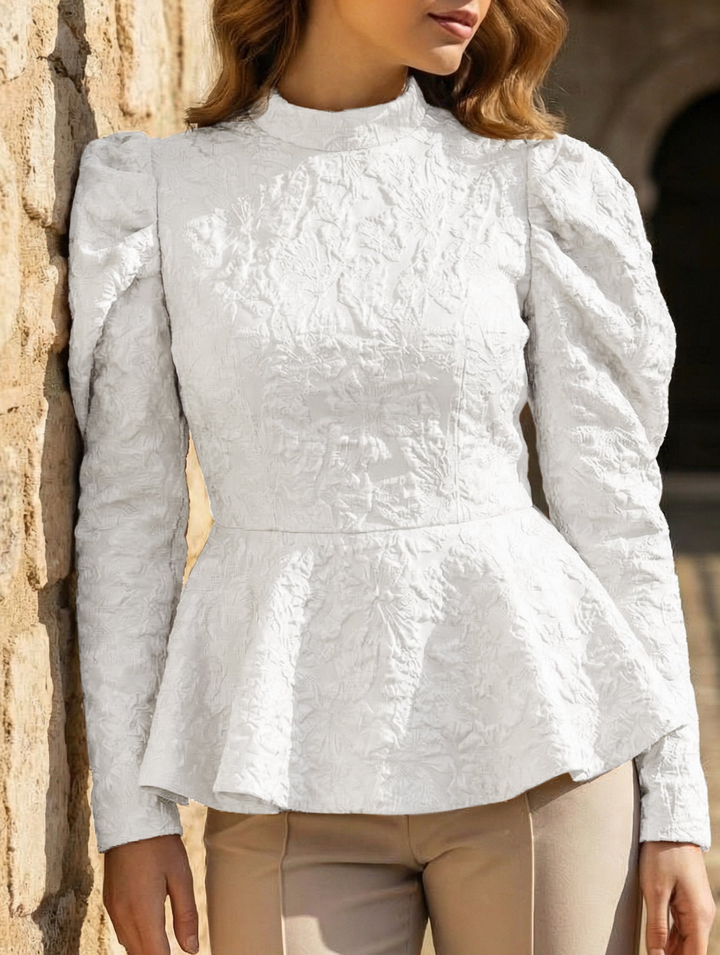 French Vintage Puff Sleeve Jacquard Top