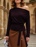 One-Shoulder Long Sleeve Tie Waist Work Top_CWTTL01179