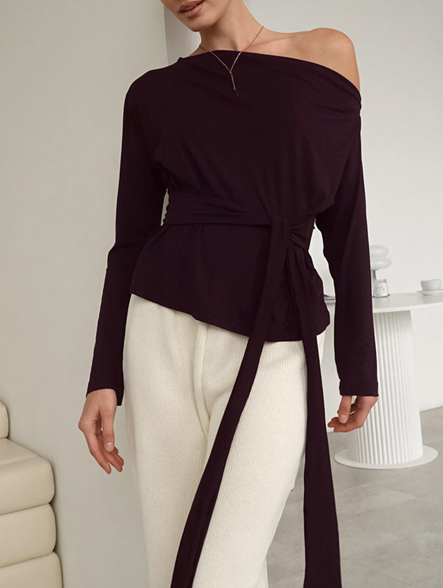 One-Shoulder Long Sleeve Tie Waist Work Top_CWTTL01179