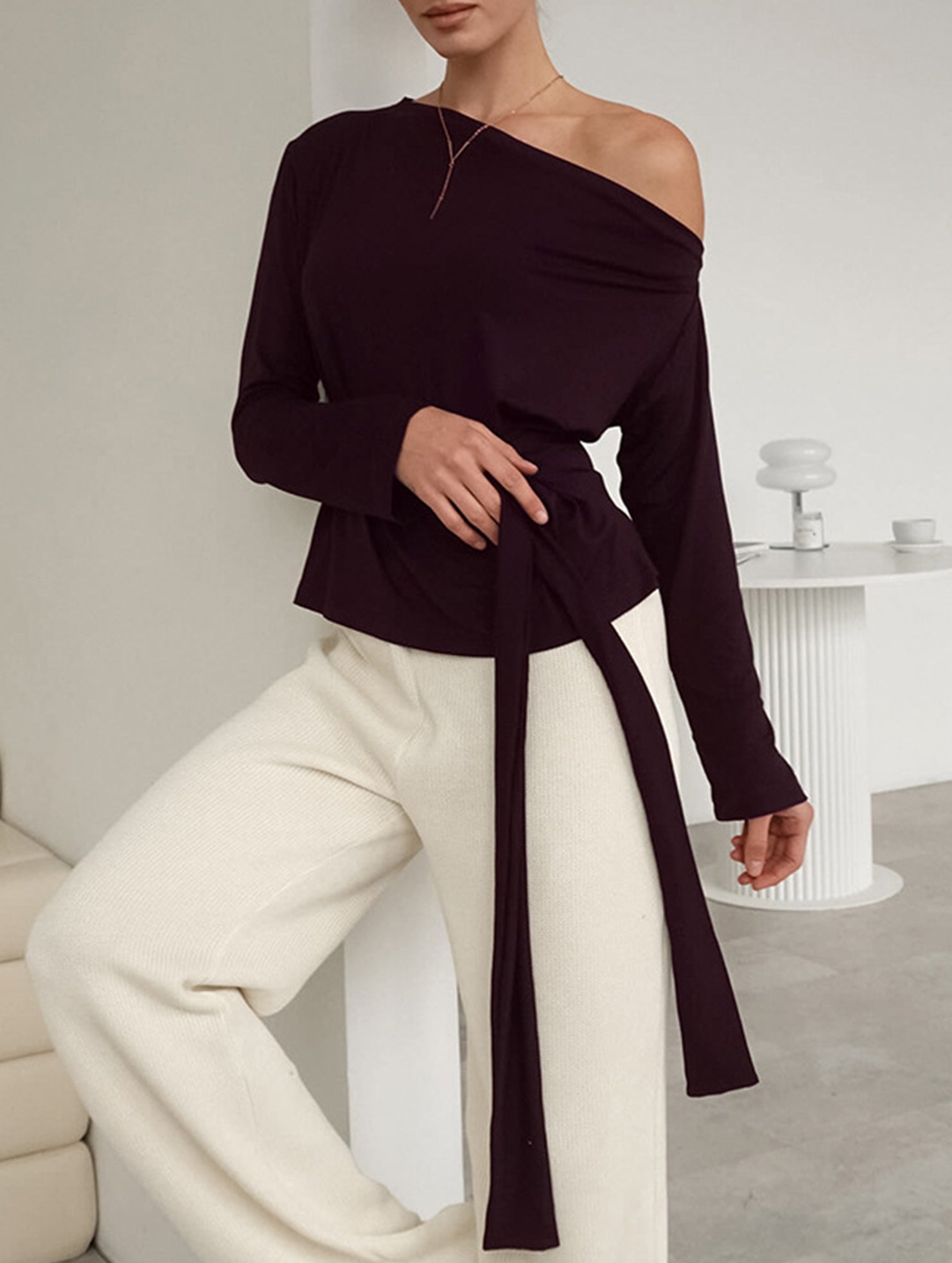 One-Shoulder Long Sleeve Tie Waist Work Top_CWTTL01179