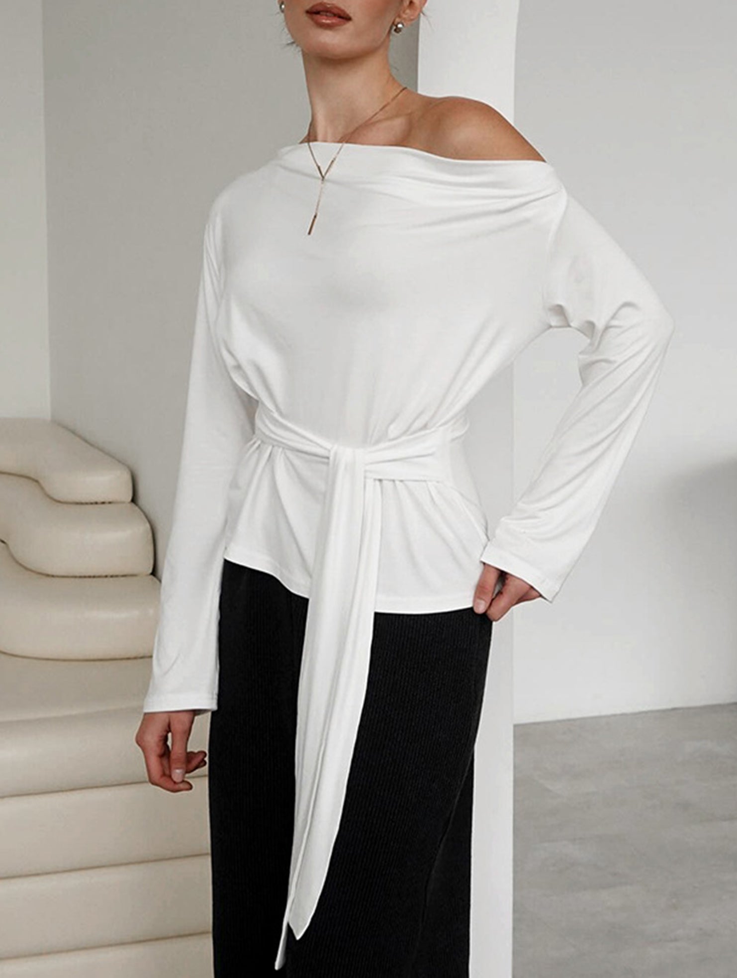 One-Shoulder Long Sleeve Tie Waist Work Top_CWTTL01179