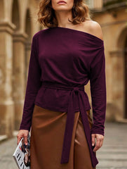 One-Shoulder Long Sleeve Tie Waist Work Top_CWTTL01179