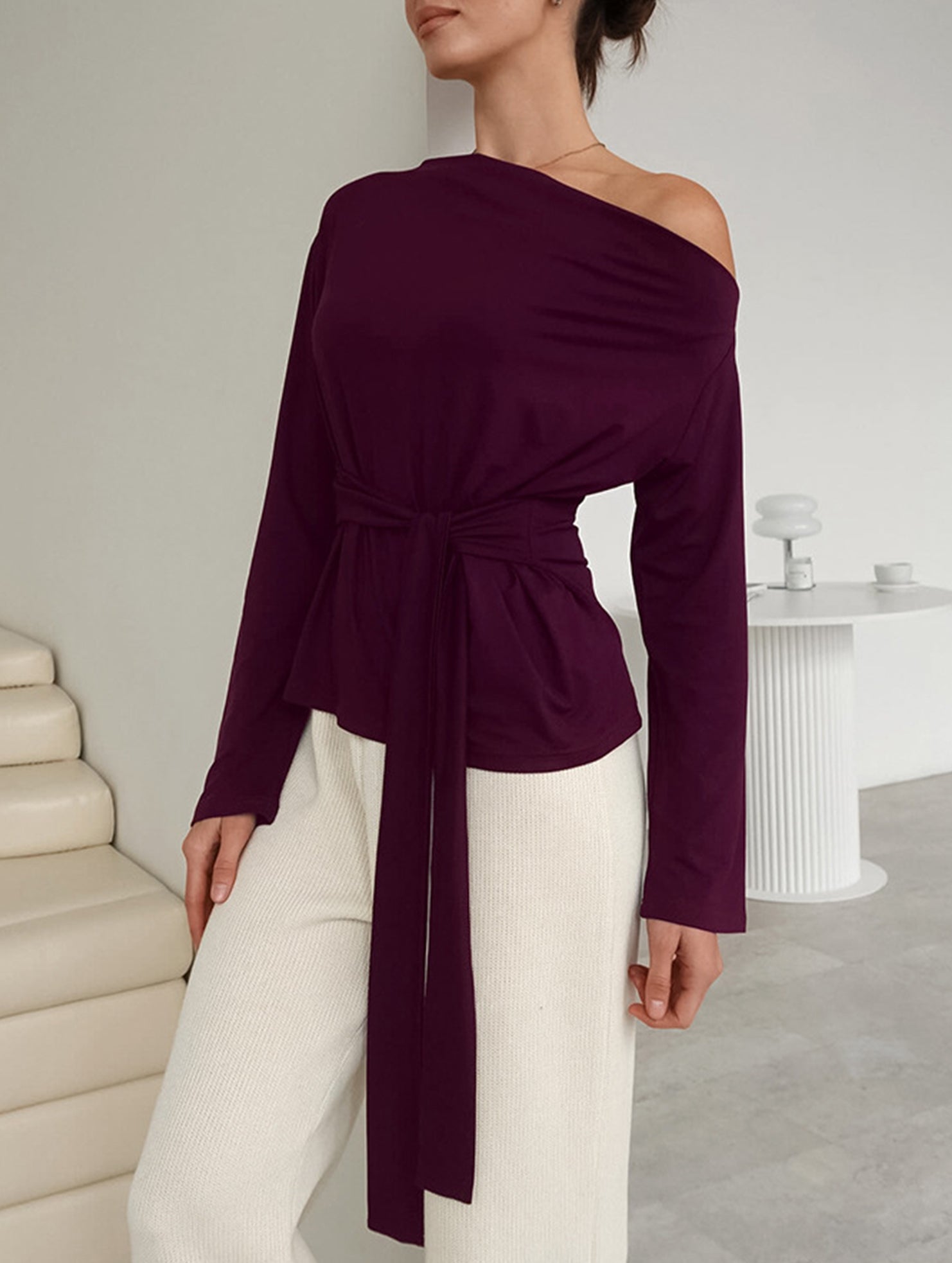 One-Shoulder Long Sleeve Tie Waist Work Top_CWTTL01179