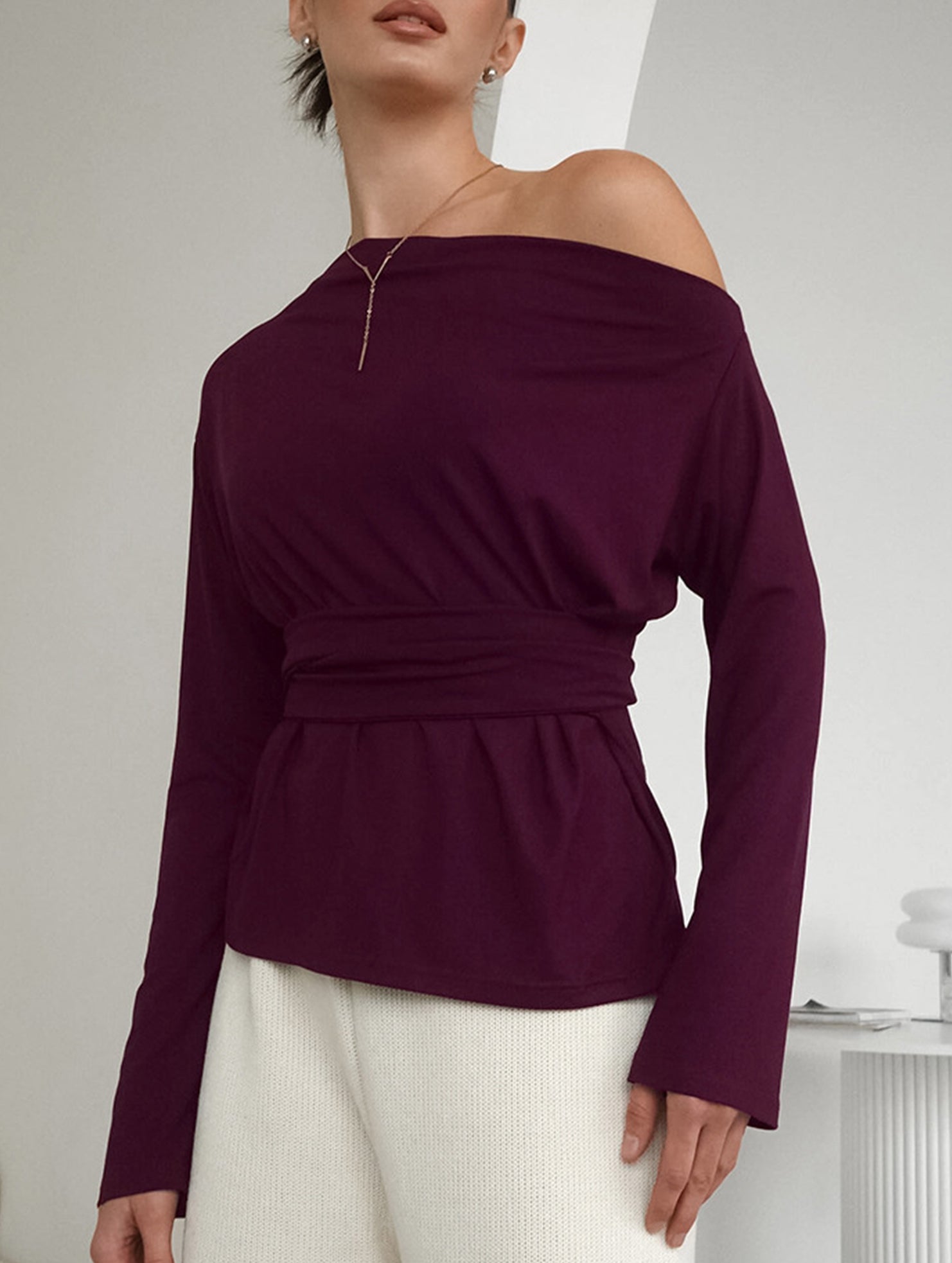 One-Shoulder Long Sleeve Tie Waist Work Top_CWTTL01179