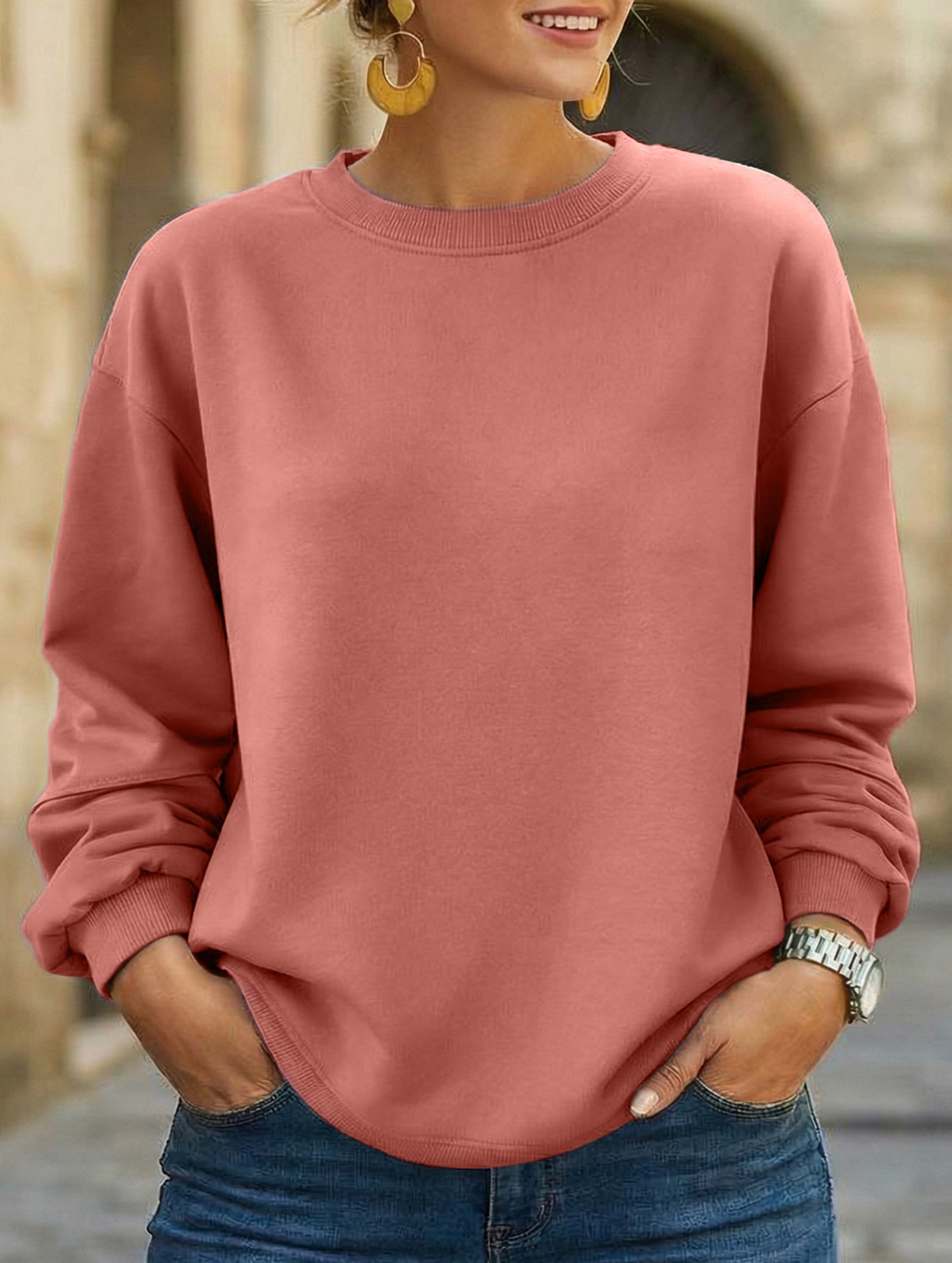 Solid Color Loose Crewneck Pullover Sweatshirt