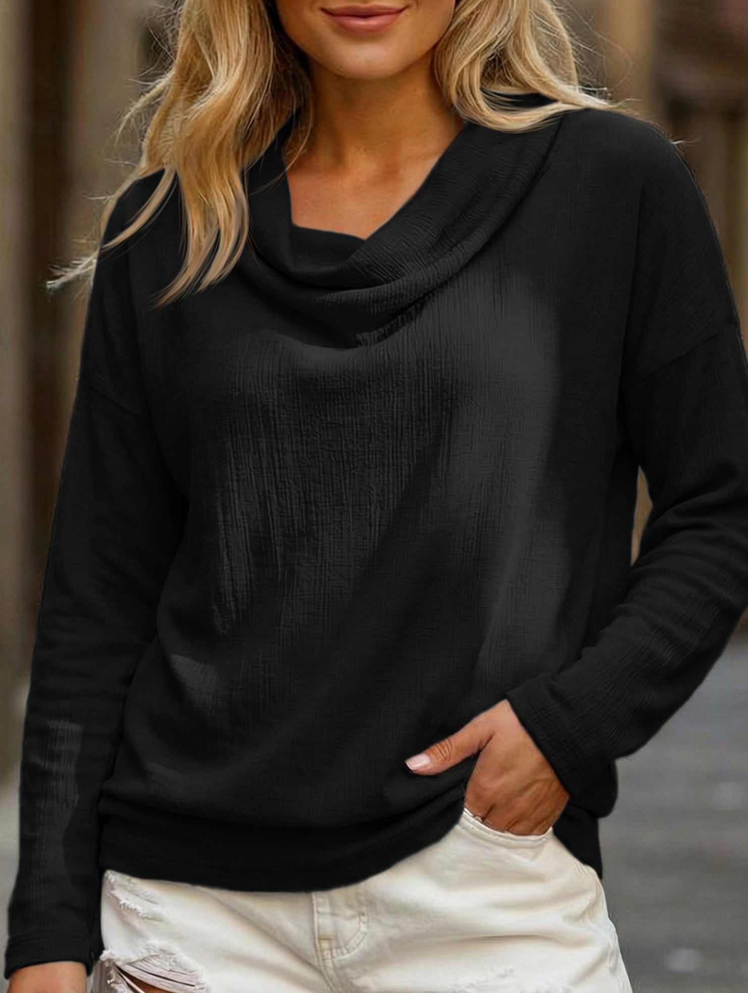 Solid Draped Neck Long Sleeve T Shirt