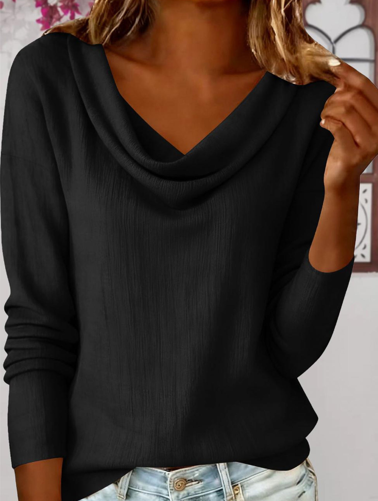 Solid Draped Neck Long Sleeve T Shirt