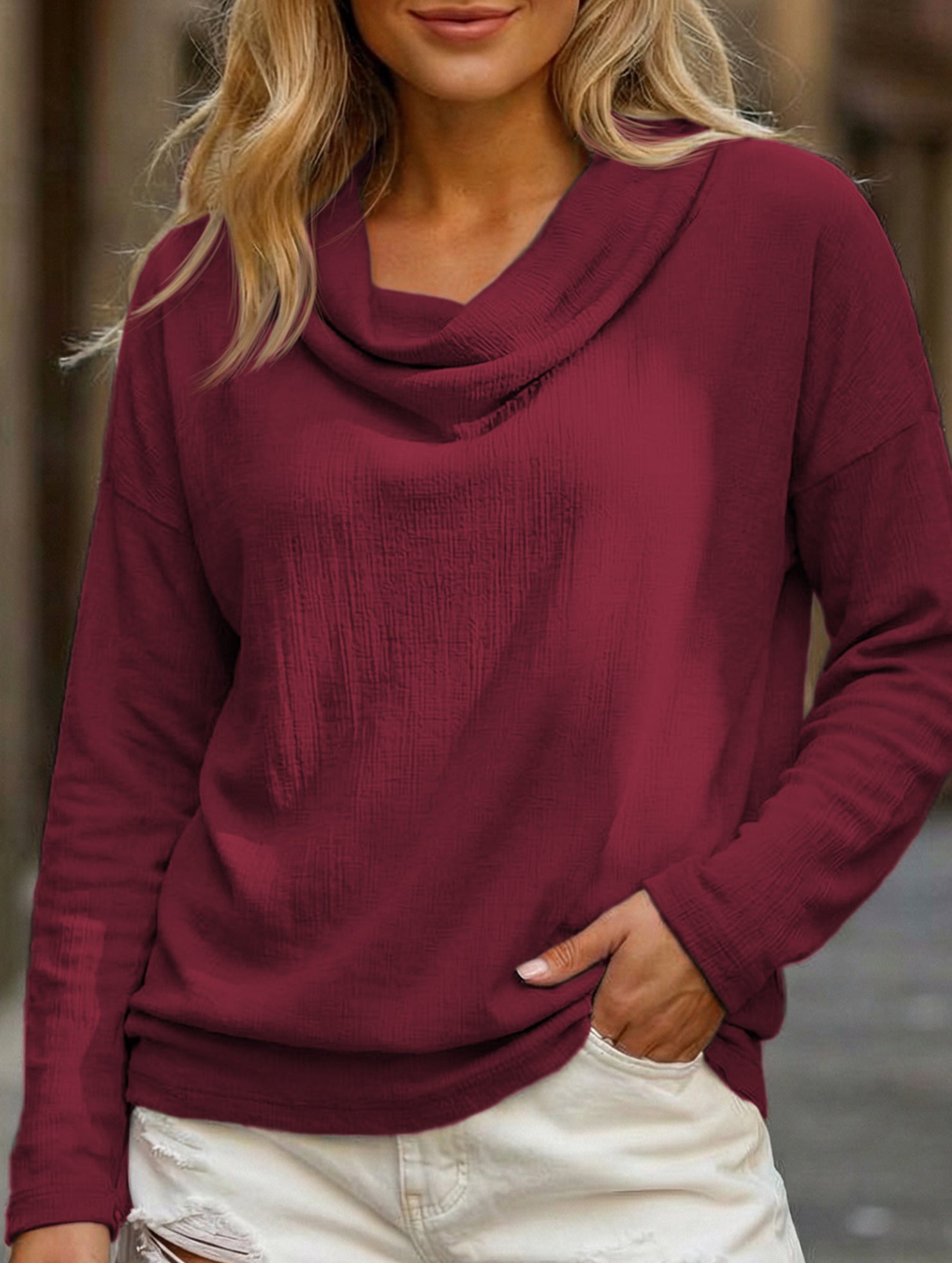 Solid Draped Neck Long Sleeve T Shirt