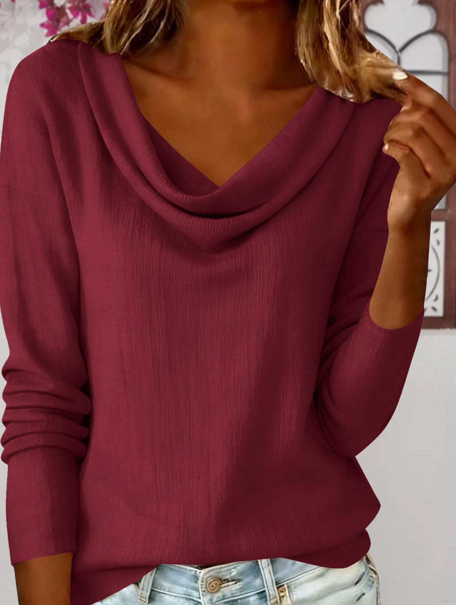 Solid Draped Neck Long Sleeve T Shirt