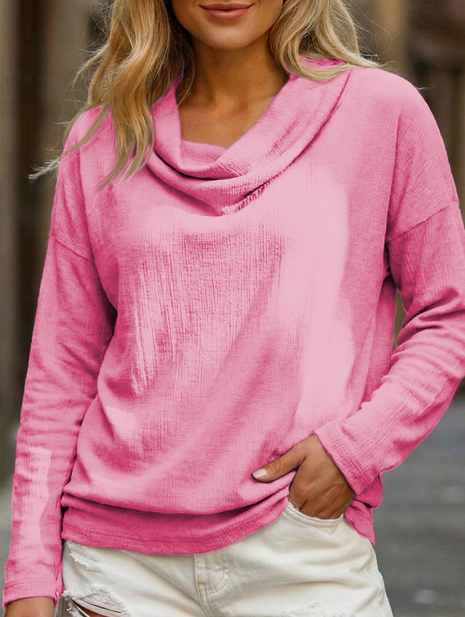Solid Draped Neck Long Sleeve T Shirt