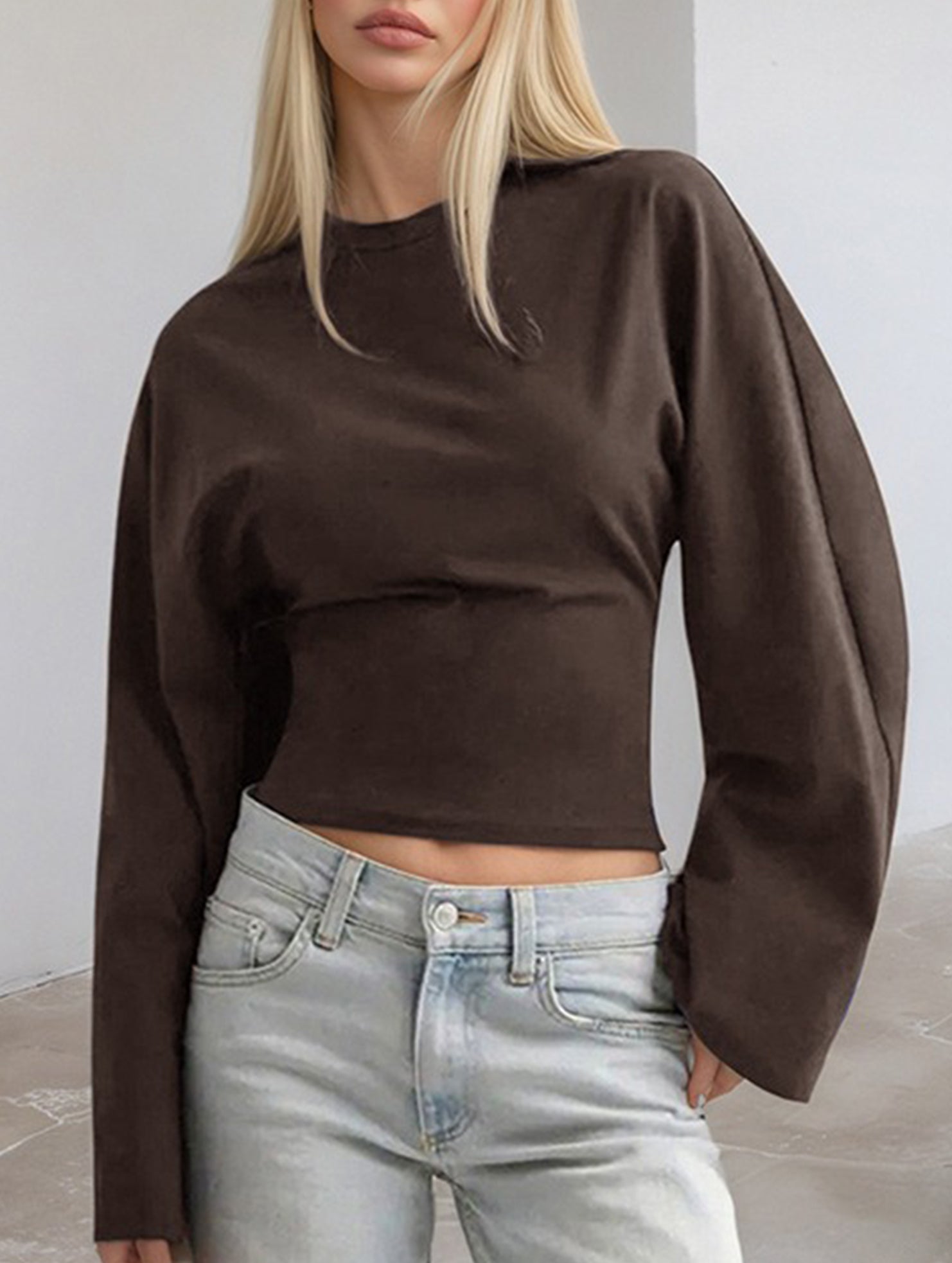Solid Crewneck Fitted Long Sleeve Top