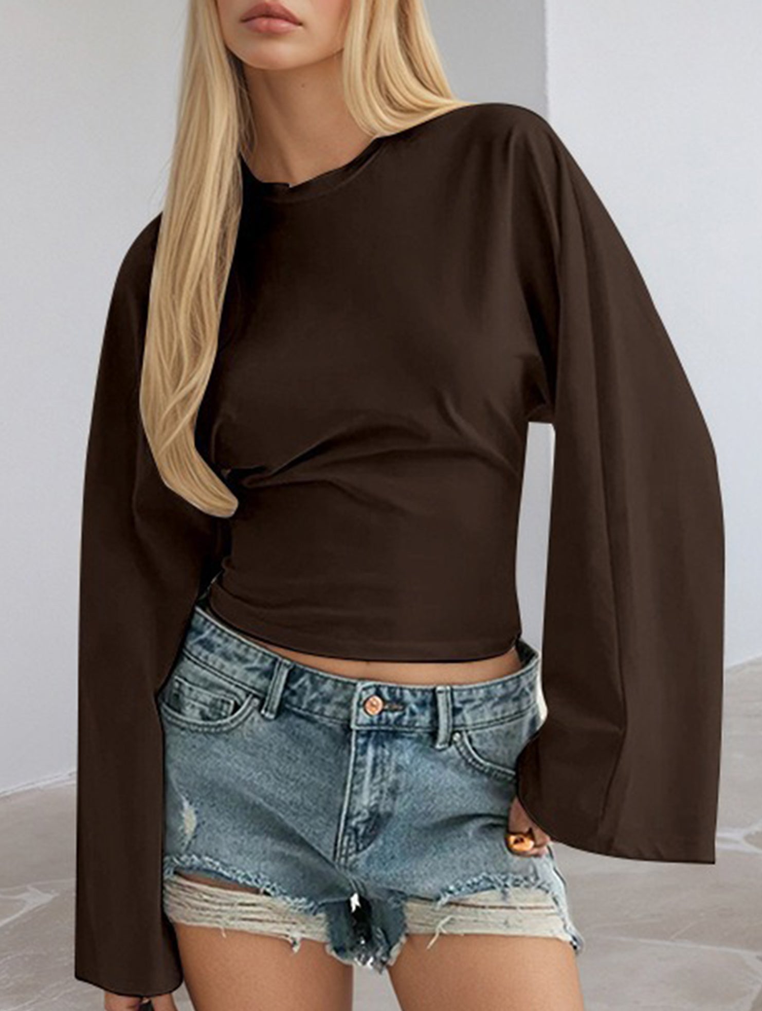 Solid Crewneck Fitted Long Sleeve Top