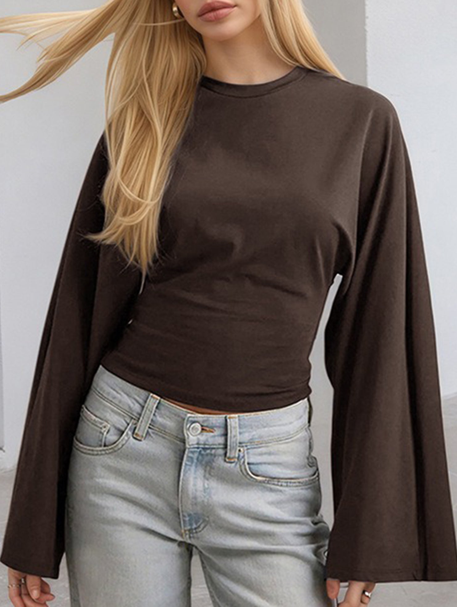 Solid Crewneck Fitted Long Sleeve Top