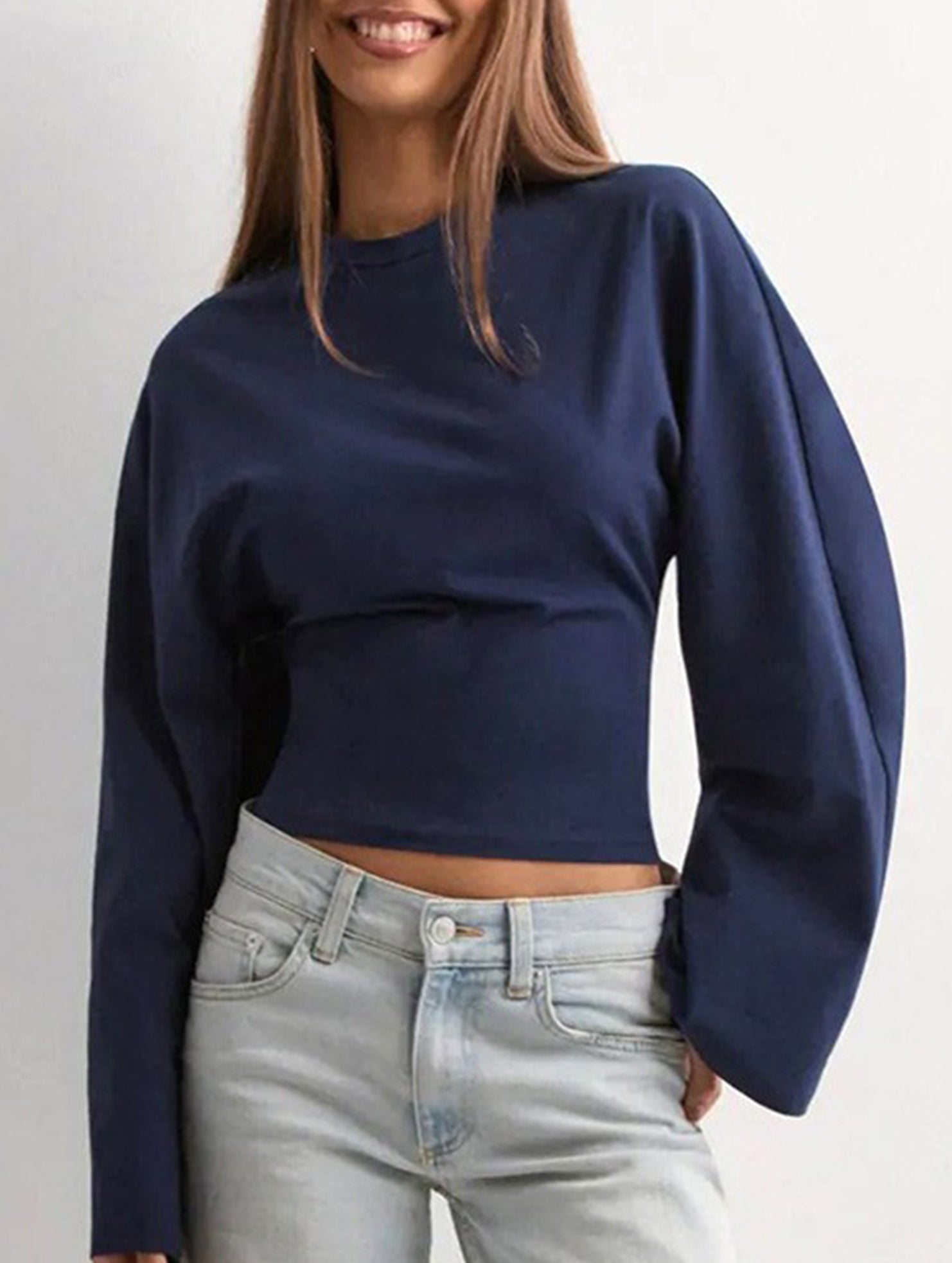 Solid Crewneck Fitted Long Sleeve Top