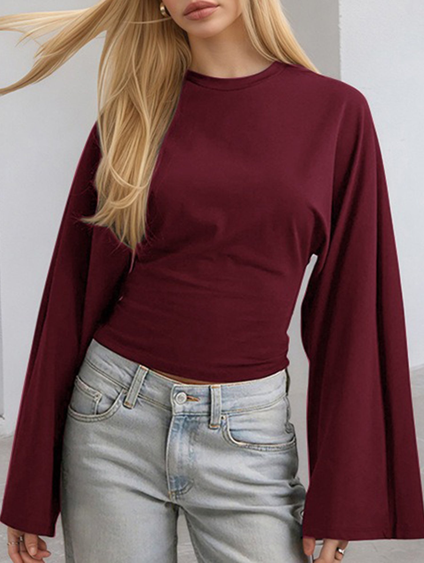 Solid Crewneck Fitted Long Sleeve Top