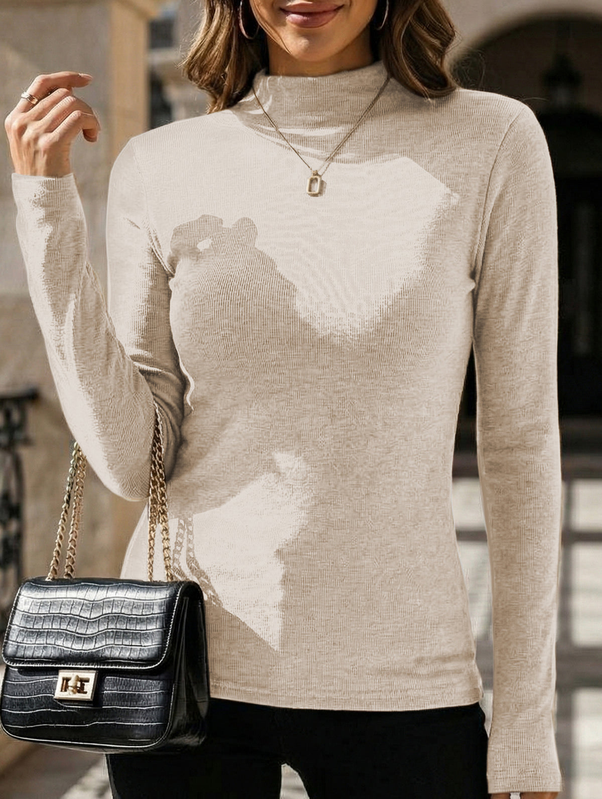 Mock Neck Faux Cashmere Slim Top_CWTTL01194