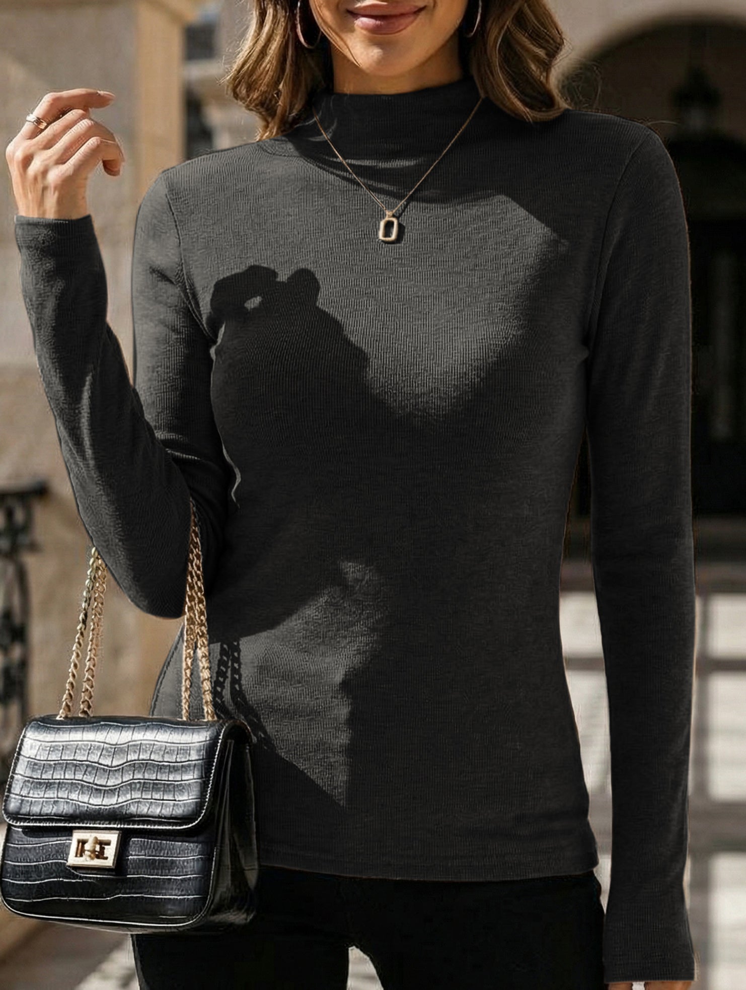 Mock Neck Faux Cashmere Slim Top_CWTTL01194