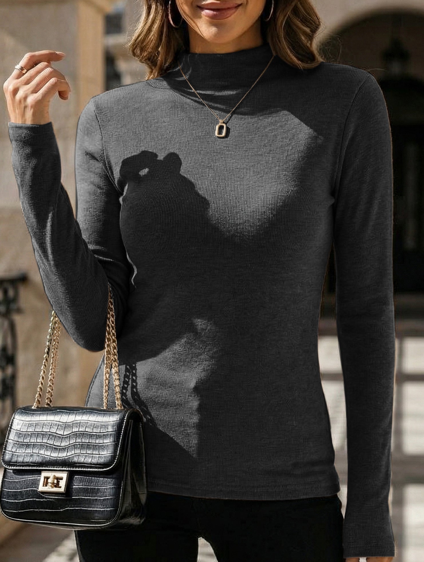 Mock Neck Faux Cashmere Slim Top_CWTTL01194