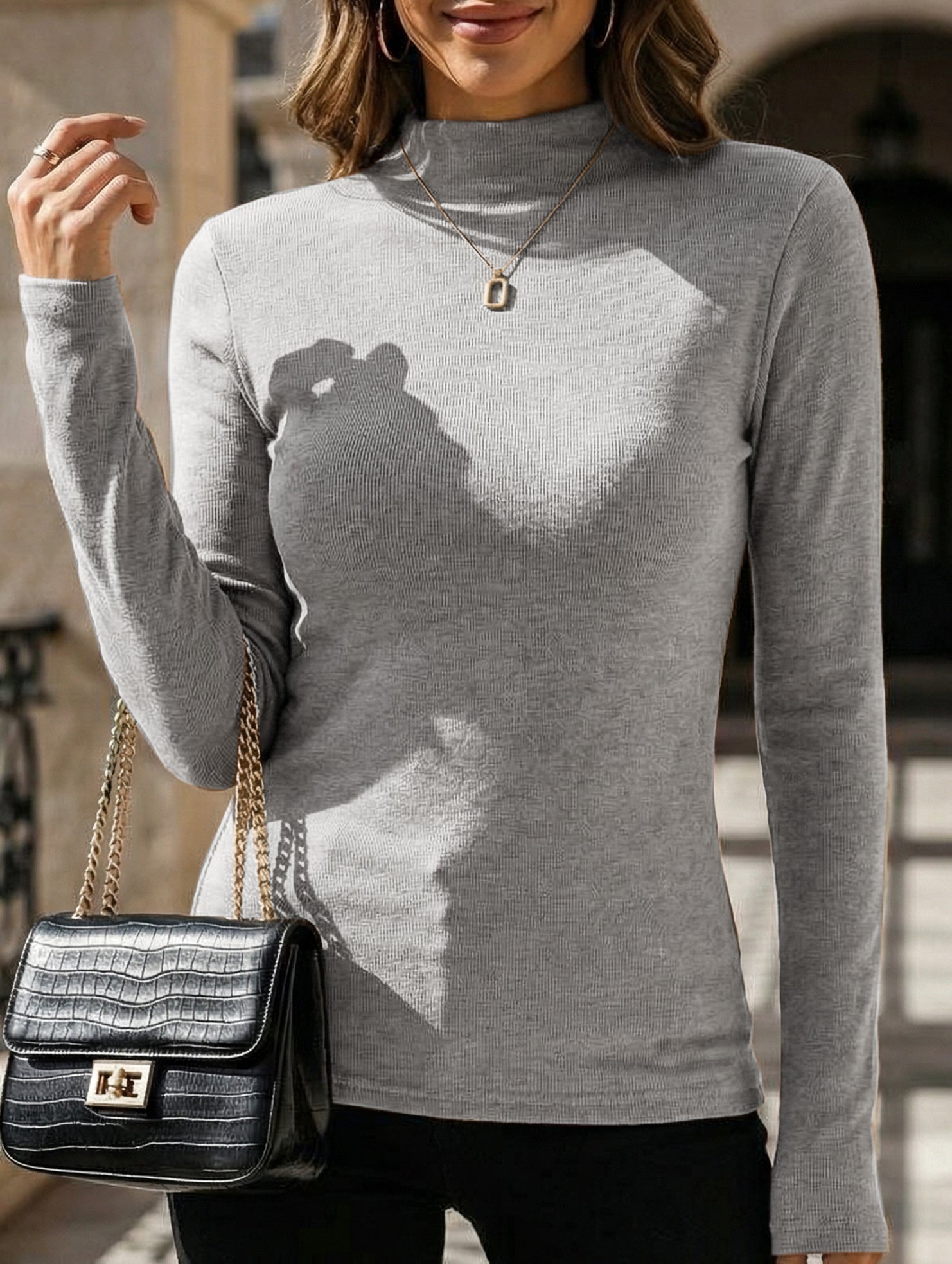 Mock Neck Faux Cashmere Slim Top_CWTTL01194