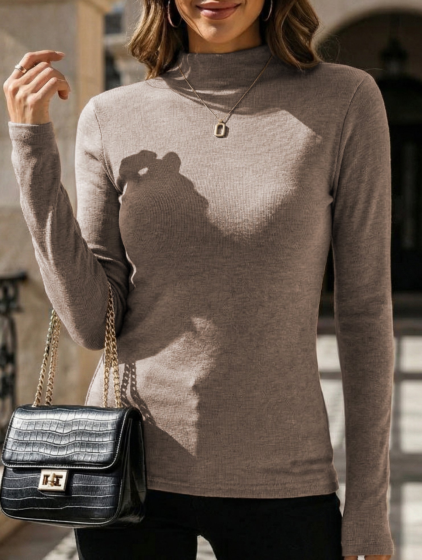 Mock Neck Faux Cashmere Slim Top_CWTTL01194