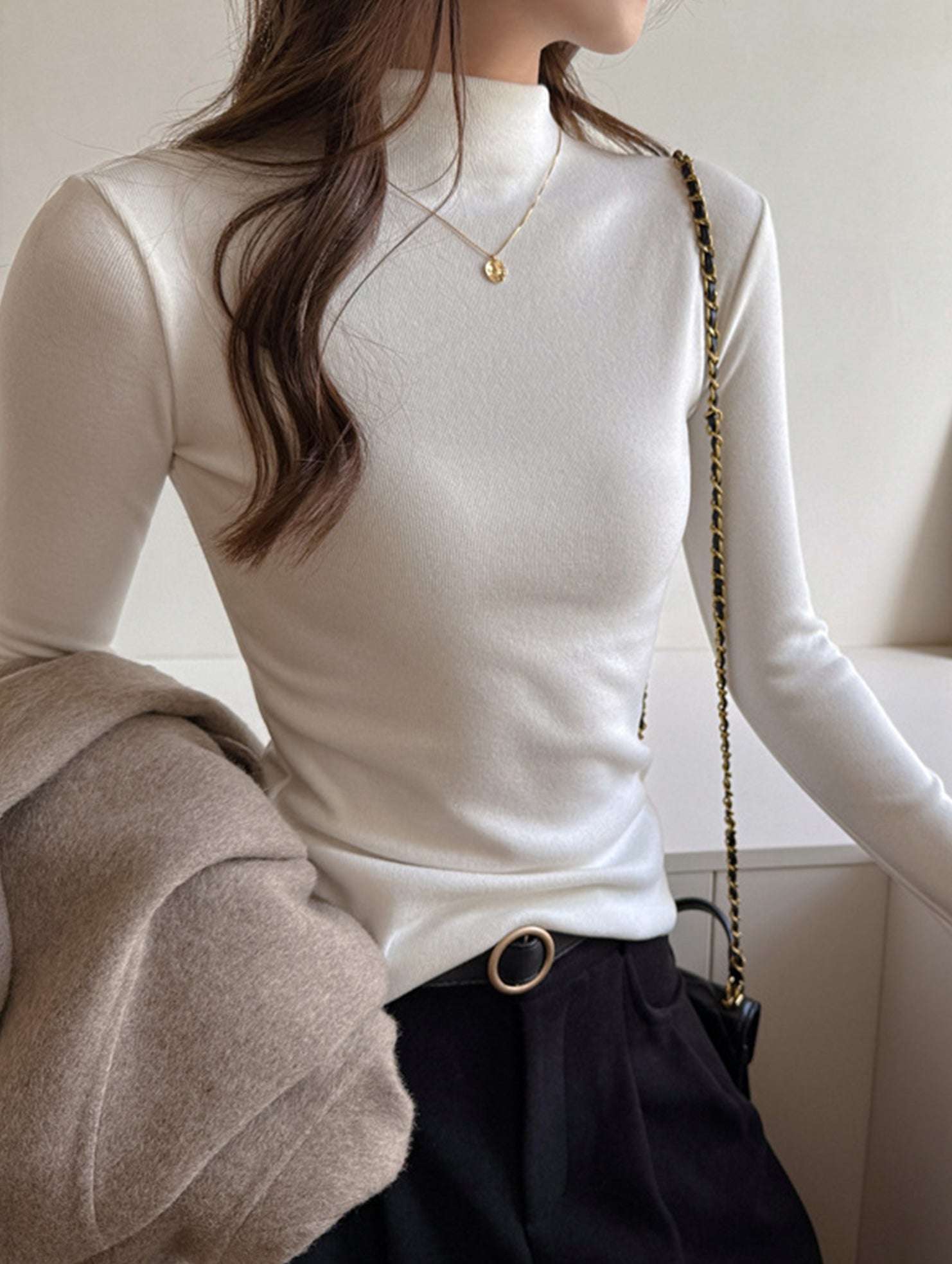 Mock Neck Faux Cashmere Slim Top_CWTTL01194