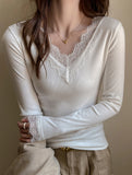 Lace Trim V Neck Long Sleeve Tee