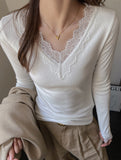 Lace Trim V Neck Long Sleeve Tee