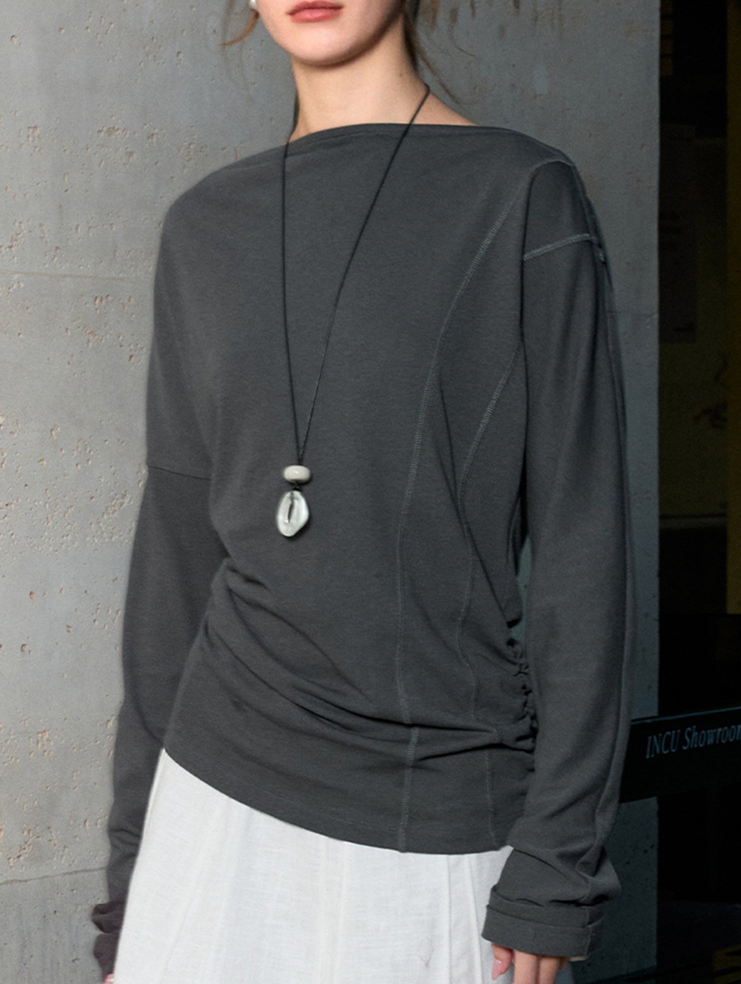 Linen Knit One Shoulder Long Sleeve Top_CWTTL01209