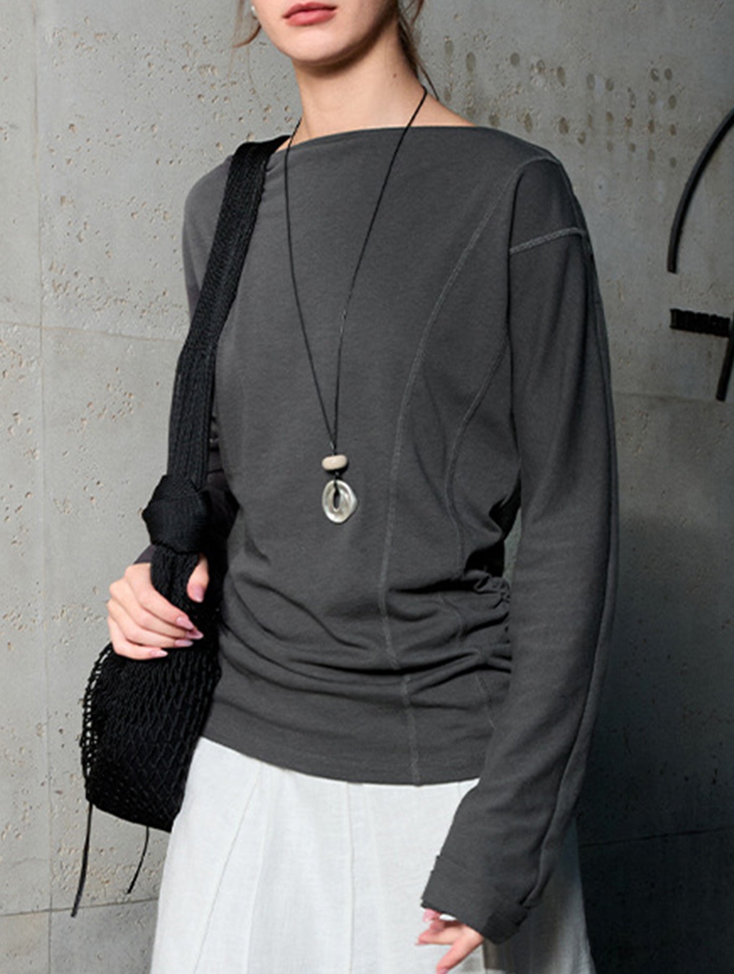 Linen Knit One Shoulder Long Sleeve Top_CWTTL01209