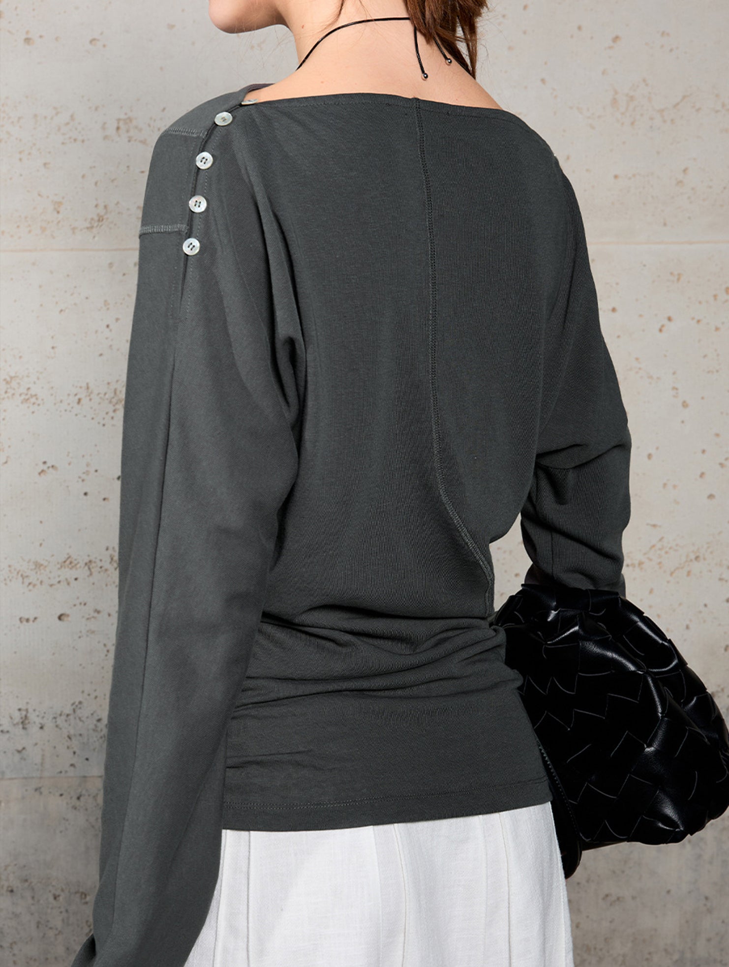 Linen Knit One Shoulder Long Sleeve Top_CWTTL01209