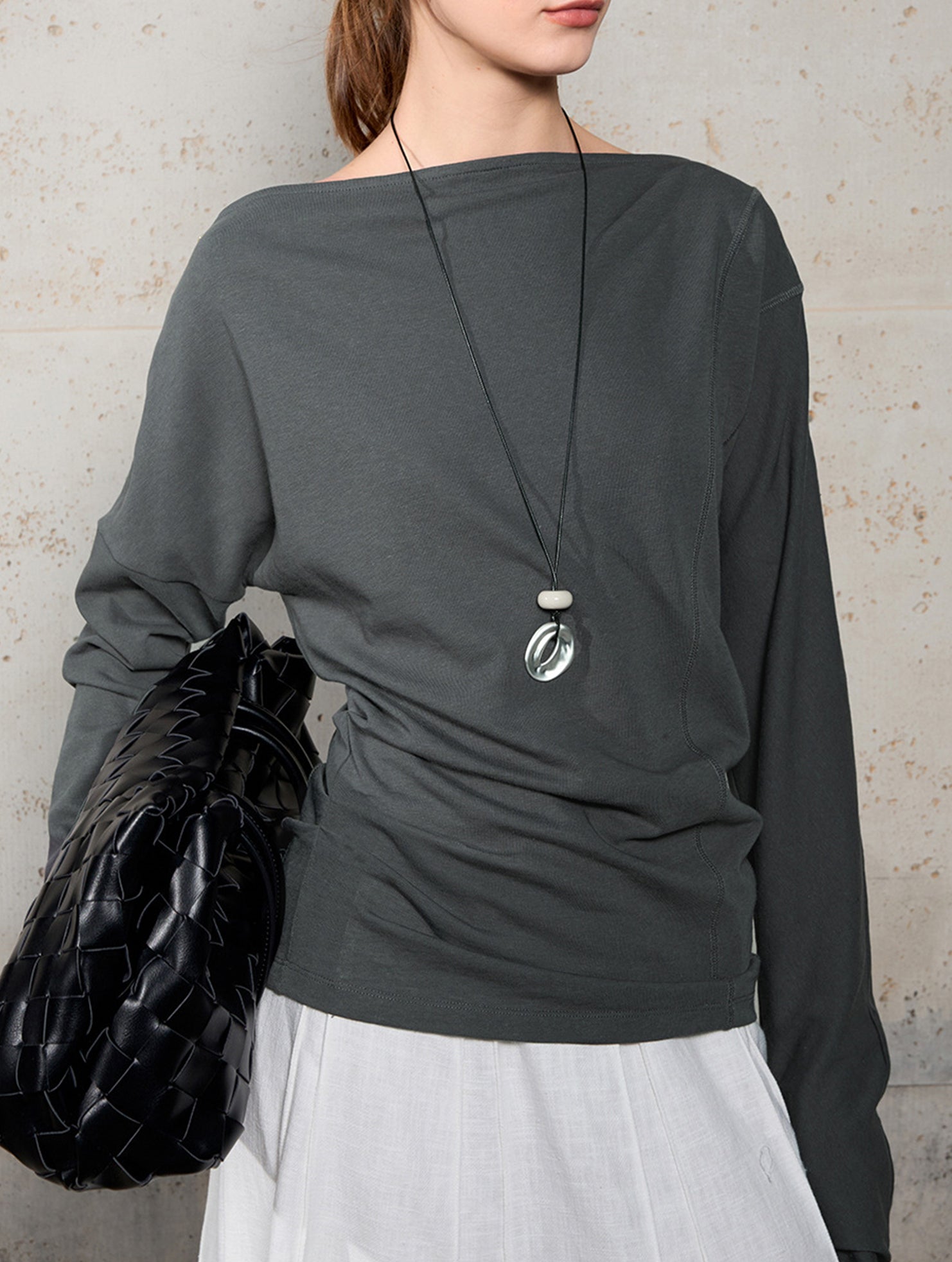 Linen Knit One Shoulder Long Sleeve Top_CWTTL01209