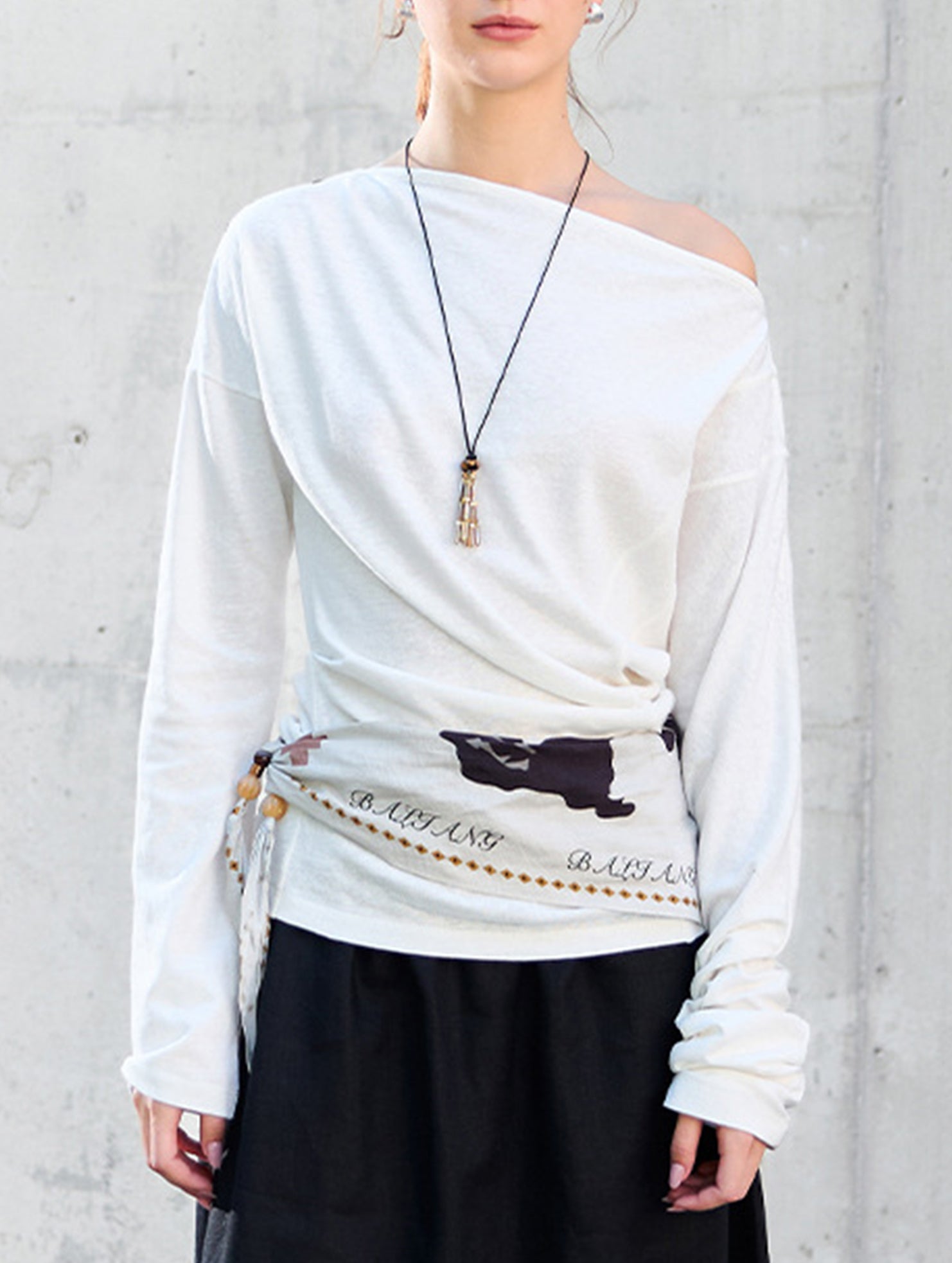 Linen Knit One Shoulder Long Sleeve Top_CWTTL01209