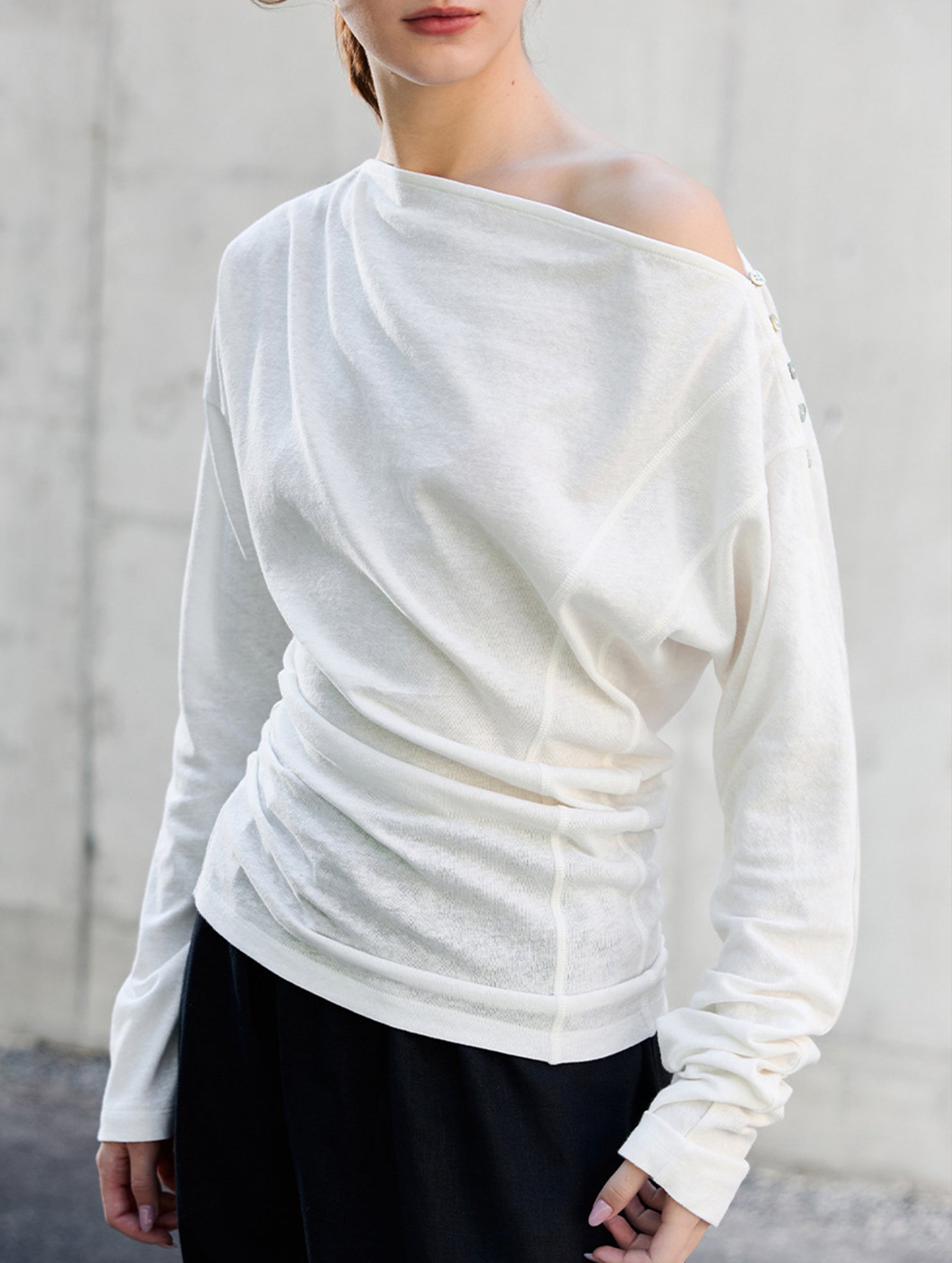 Linen Knit One Shoulder Long Sleeve Top_CWTTL01209