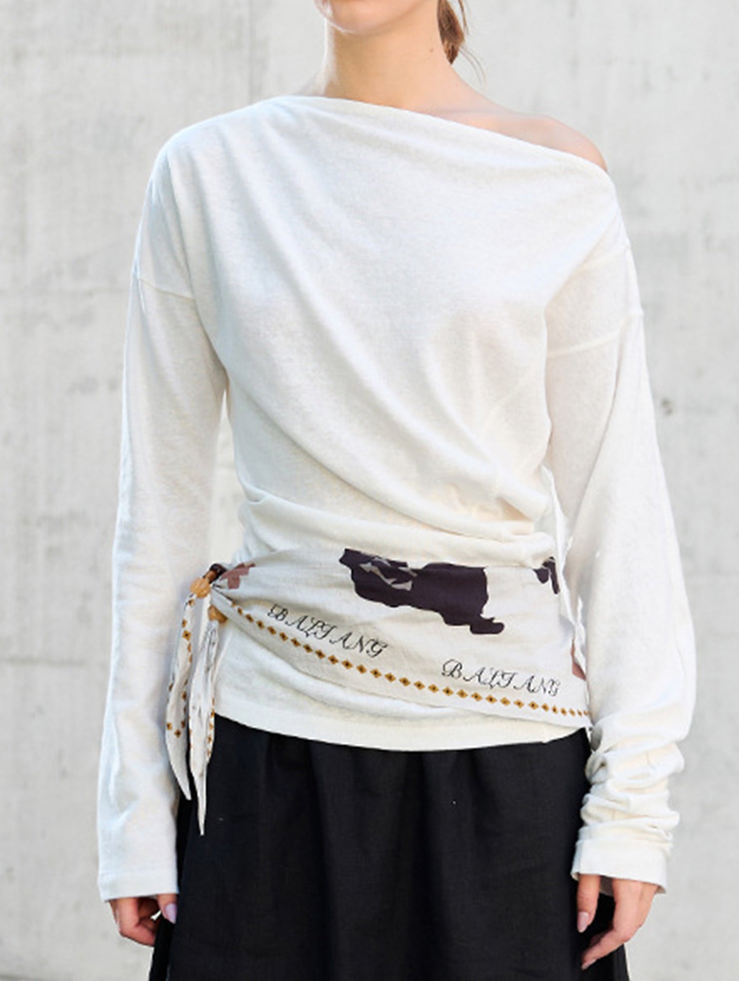 Linen Knit One Shoulder Long Sleeve Top_CWTTL01209