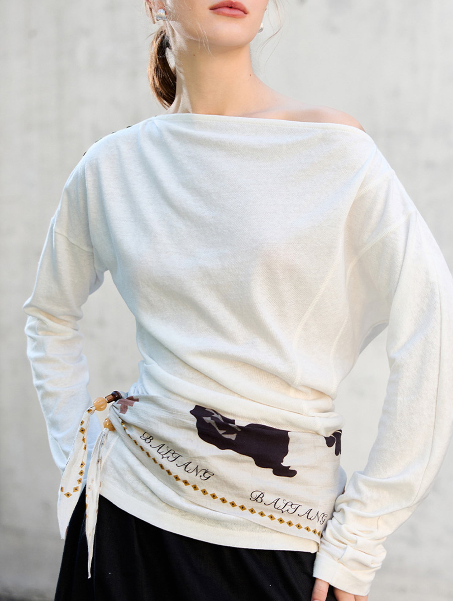 Linen Knit One Shoulder Long Sleeve Top_CWTTL01209