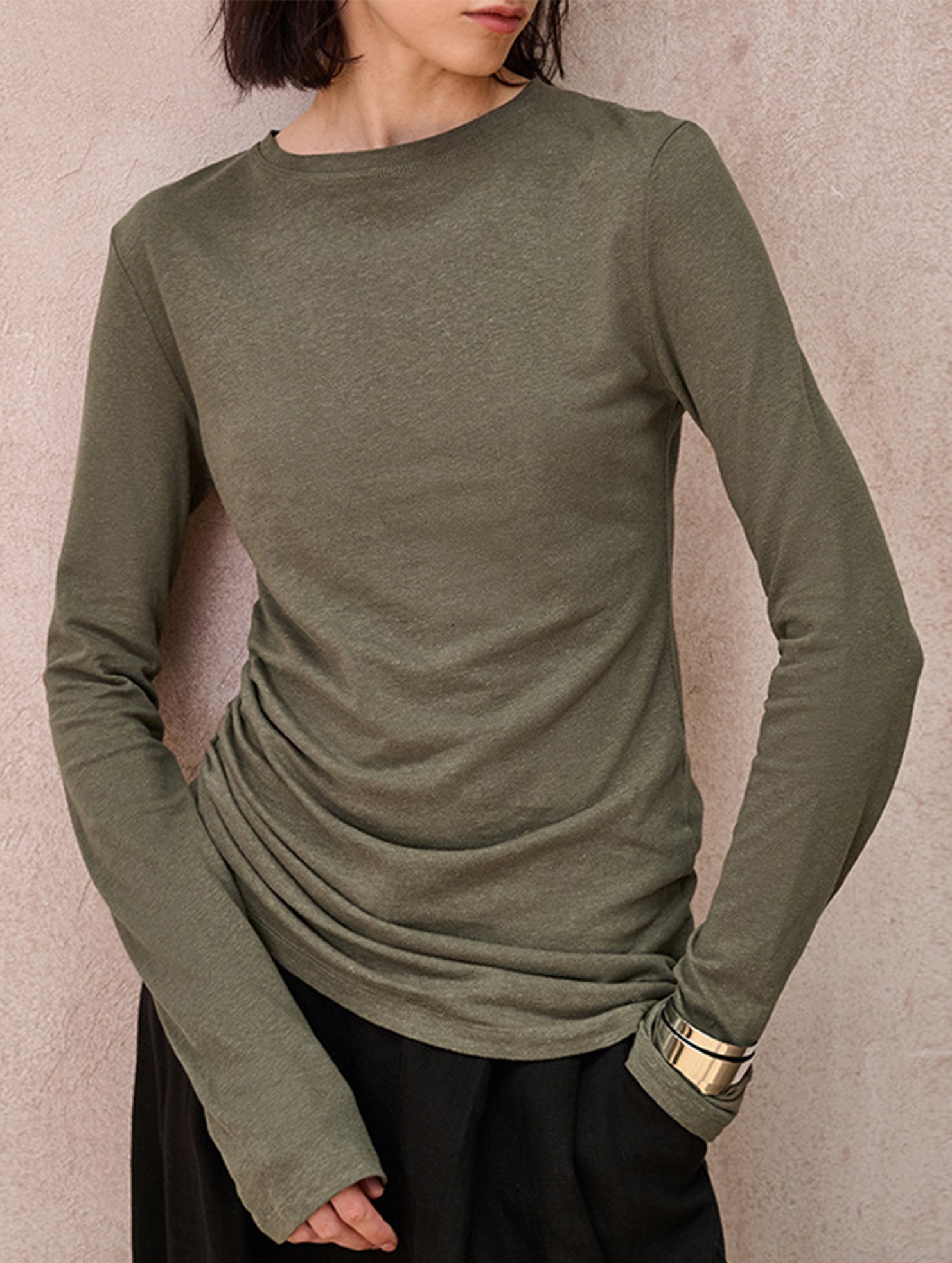 Linen Knit Asymmetric Hem Long Sleeve Top_CWTTL01213