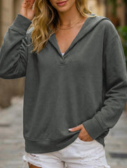 Linen Blend V Neck Hooded Pullover Top_CWTTL01216