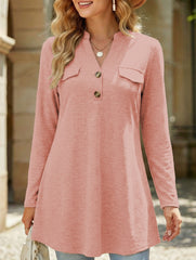 V Neck Button Long Sleeve Casual Tee_CWTTL01221