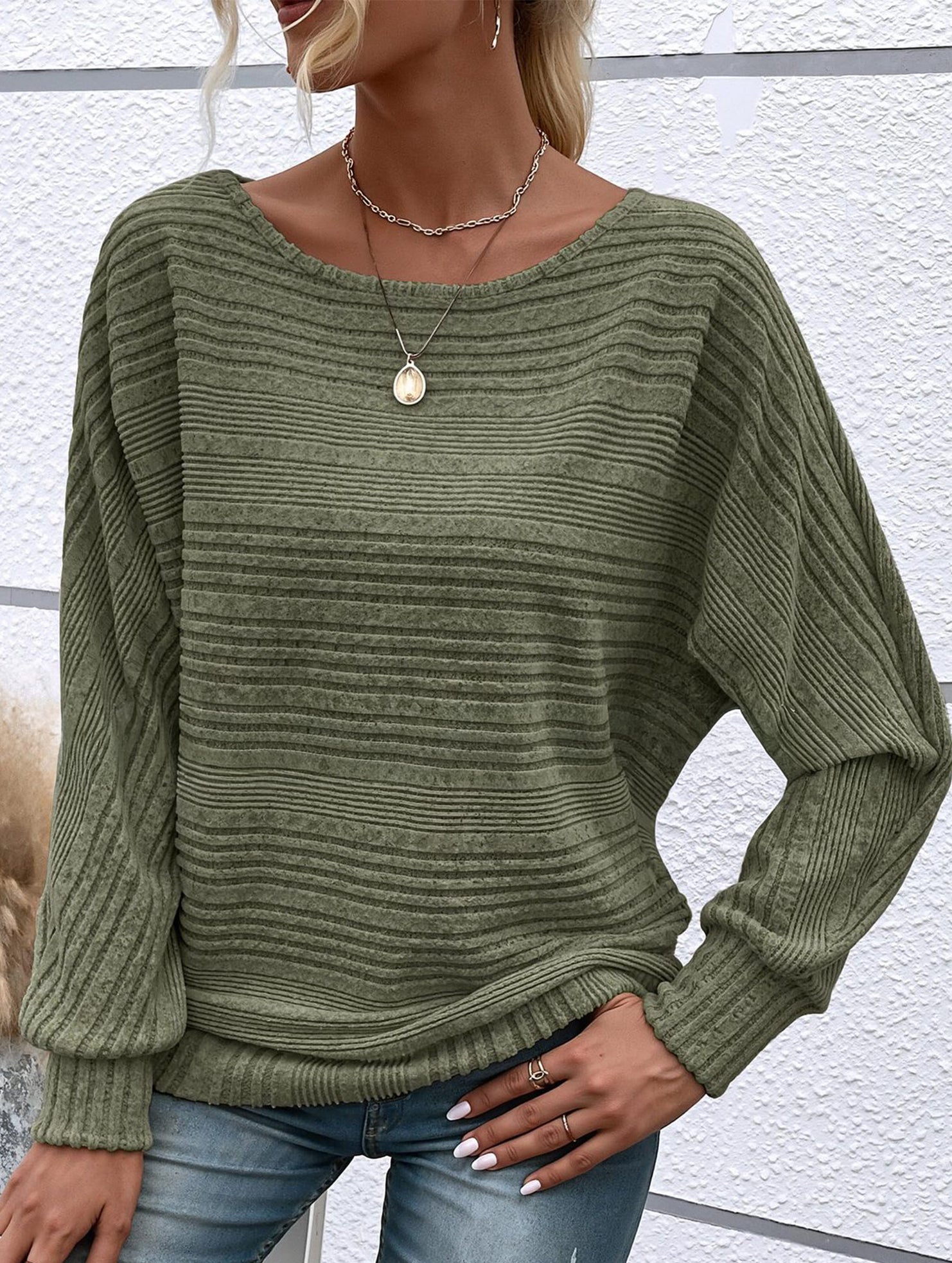 Ribbed Crew Neck Batwing Sleeve Tee