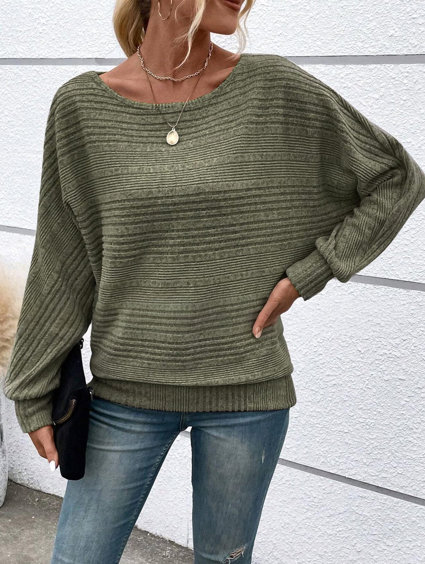 Ribbed Crew Neck Batwing Sleeve Tee