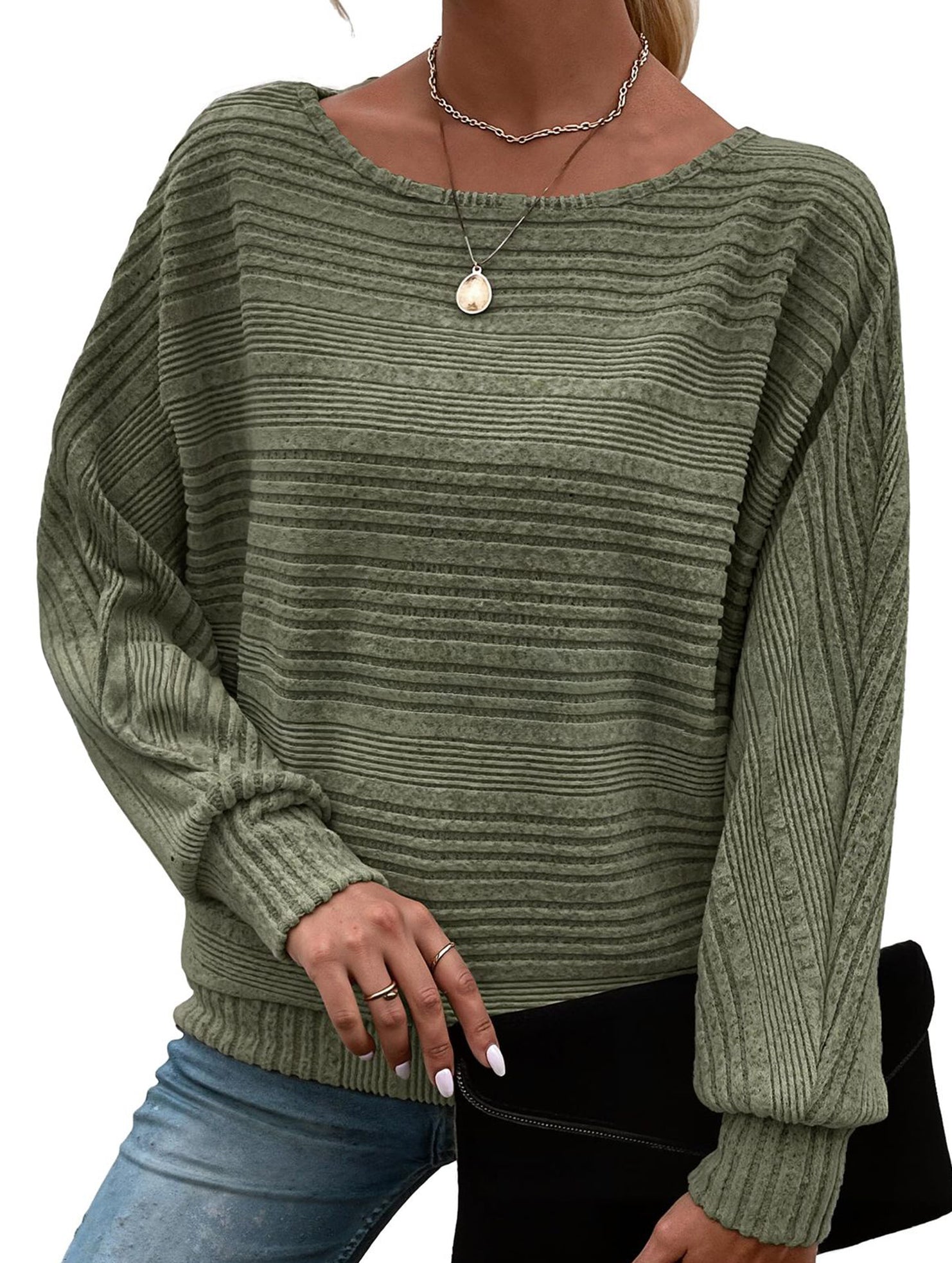 Ribbed Crew Neck Batwing Sleeve Tee