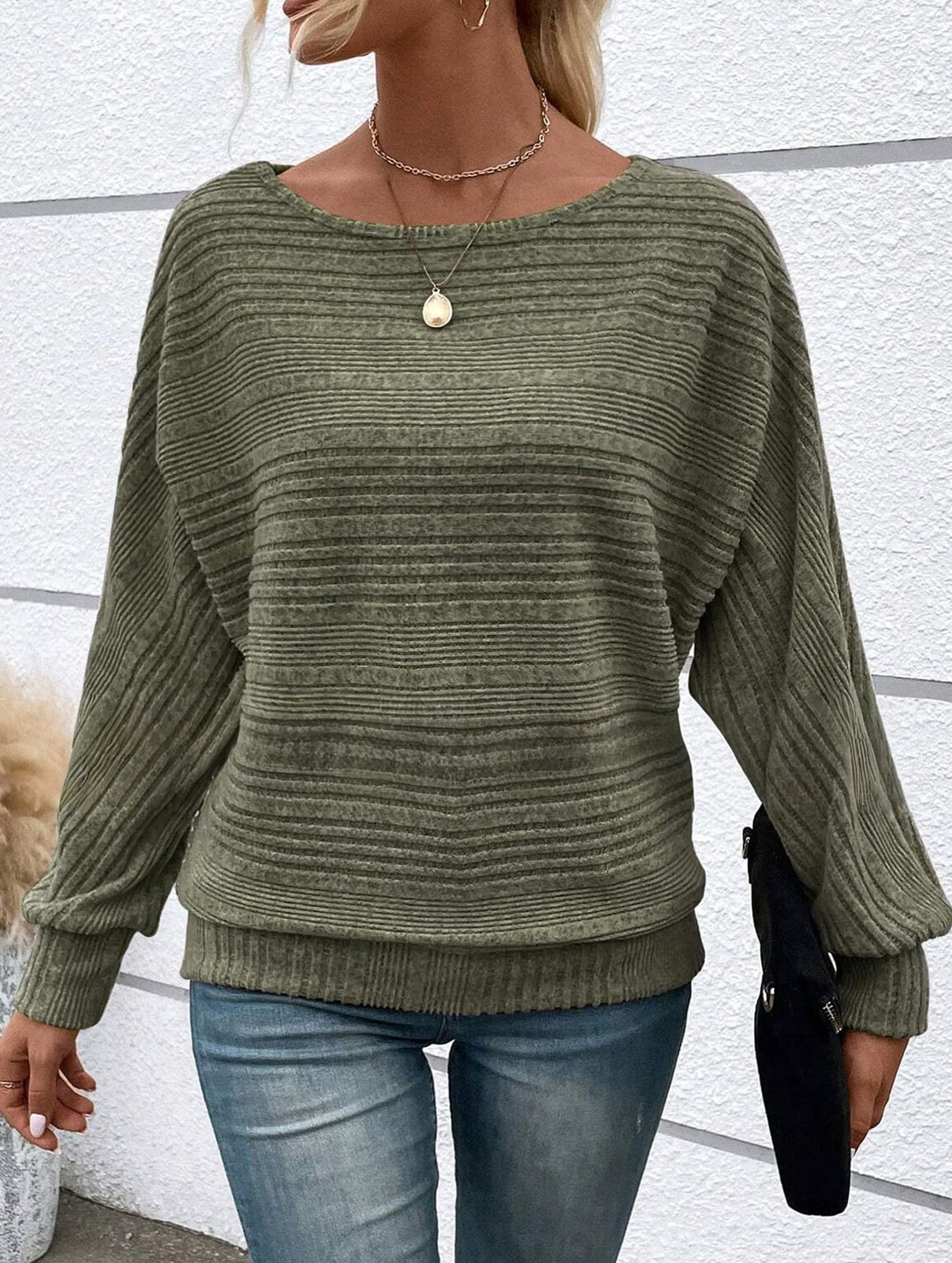 Ribbed Crew Neck Batwing Sleeve Tee