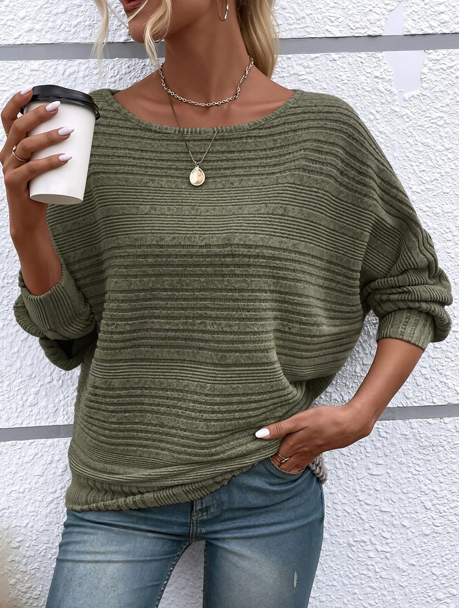 Ribbed Crew Neck Batwing Sleeve Tee