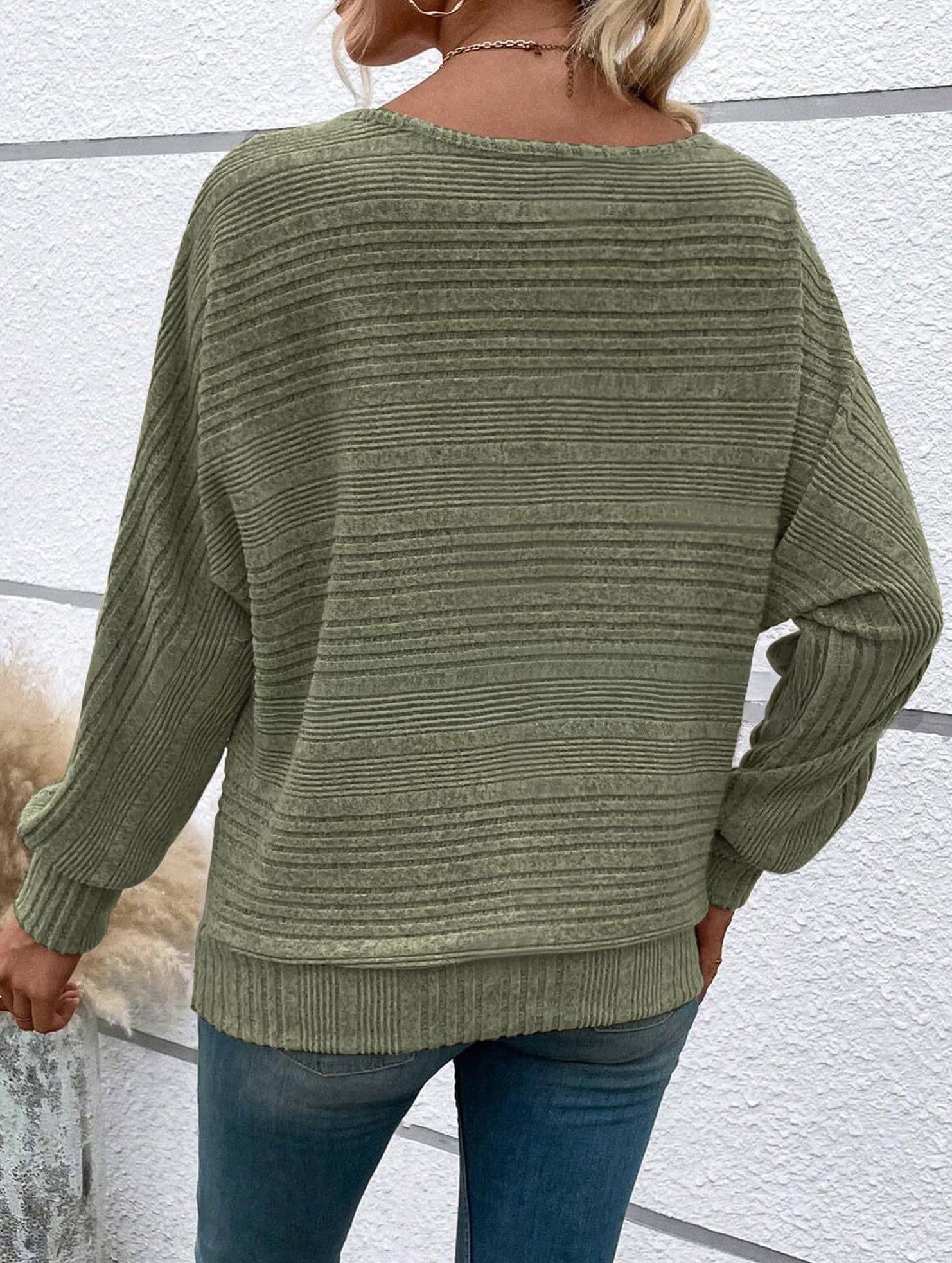 Ribbed Crew Neck Batwing Sleeve Tee