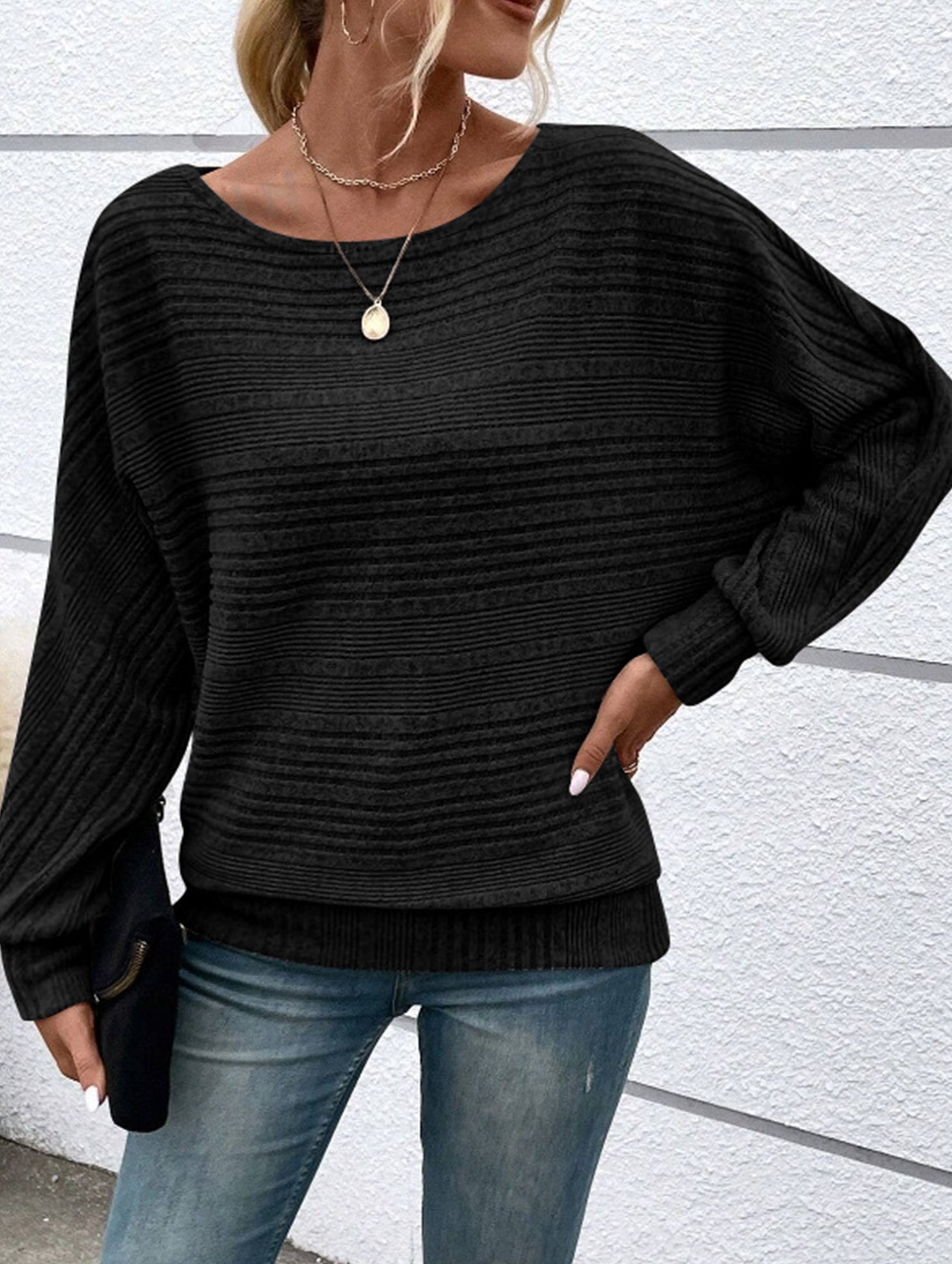 Ribbed Crew Neck Batwing Sleeve Tee