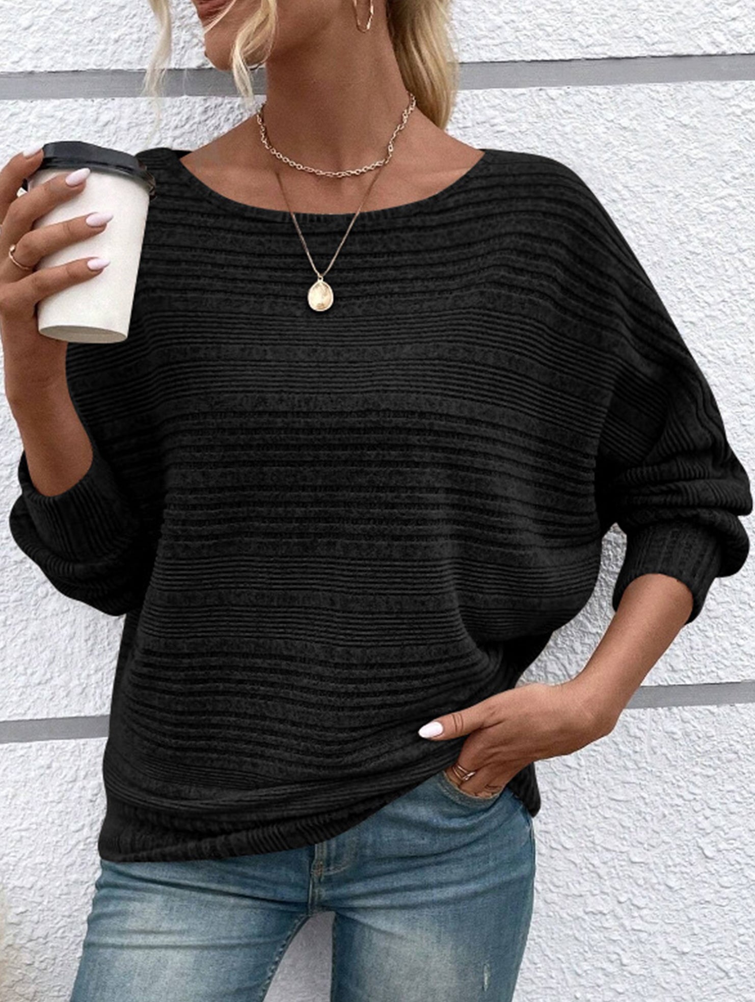 Ribbed Crew Neck Batwing Sleeve Tee