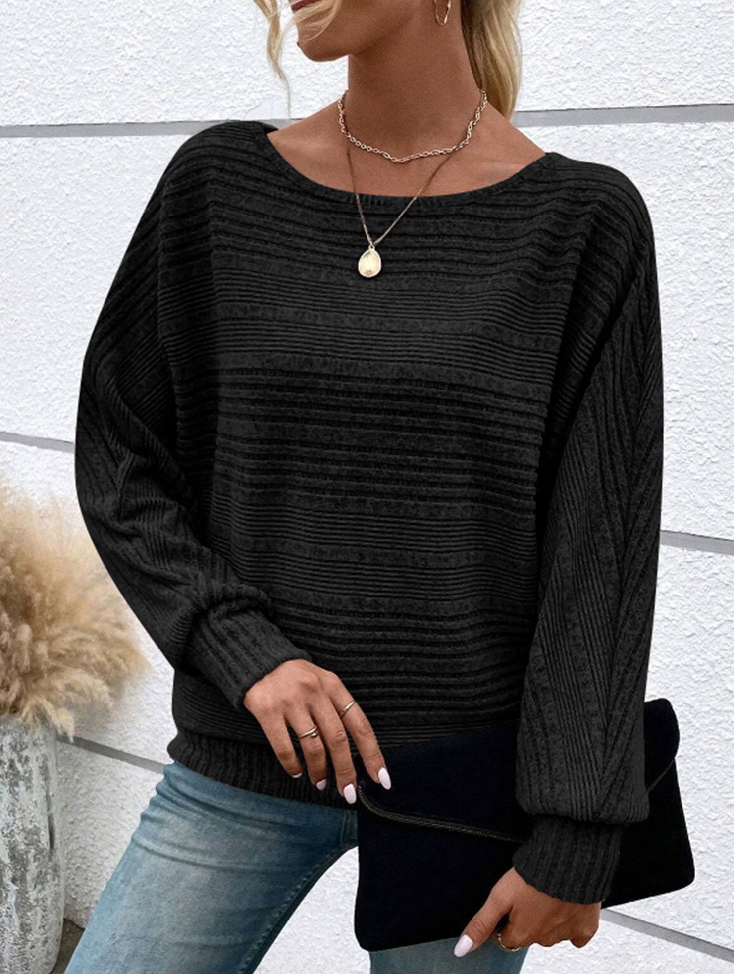 Ribbed Crew Neck Batwing Sleeve Tee