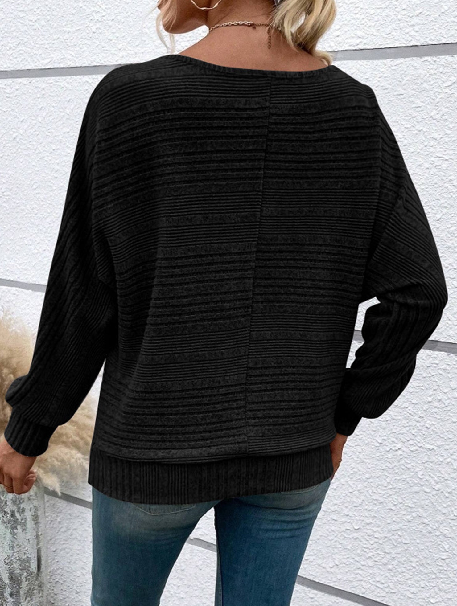 Ribbed Crew Neck Batwing Sleeve Tee