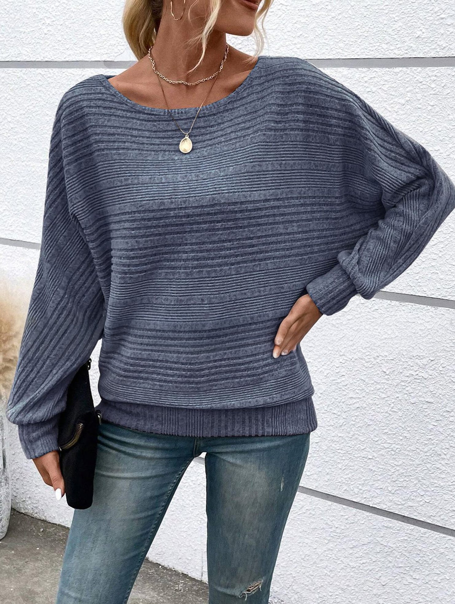 Ribbed Crew Neck Batwing Sleeve Tee